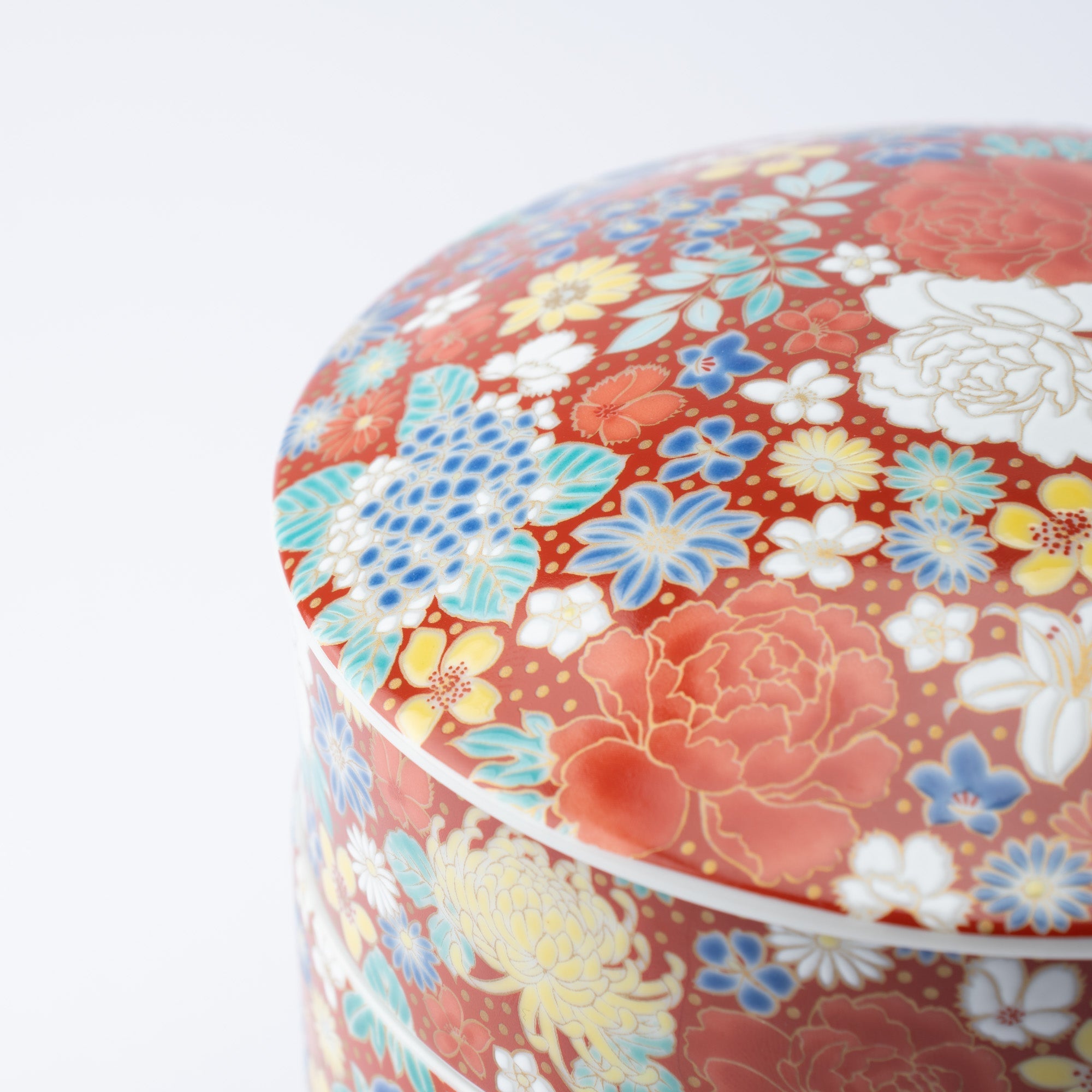 Seikou Kiln Red Hanazume Kutani Three Tiers Jubako Bento Box - MUSUBI KILN - Quality Japanese Tableware and Gift