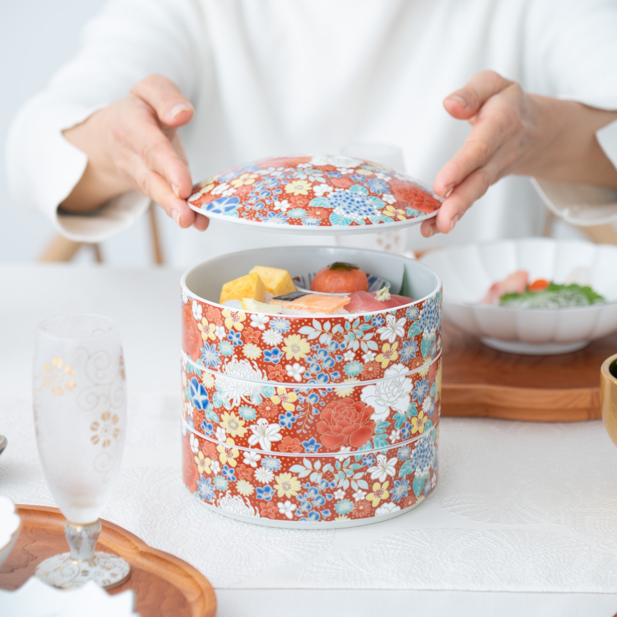 Seikou Kiln Red Hanazume Kutani Three Tiers Jubako Bento Box - MUSUBI KILN - Quality Japanese Tableware and Gift