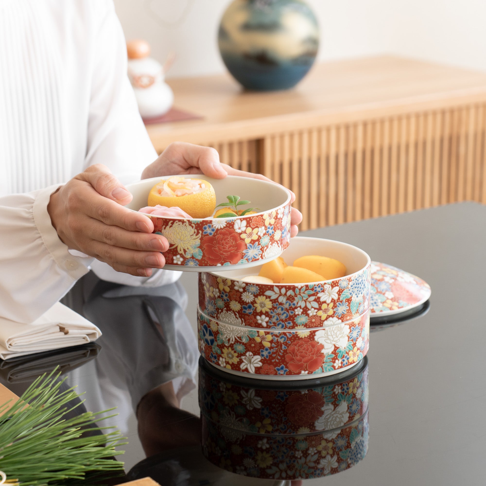 Seikou Kiln Red Hanazume Kutani Three Tiers Jubako Bento Box - MUSUBI KILN - Quality Japanese Tableware and Gift