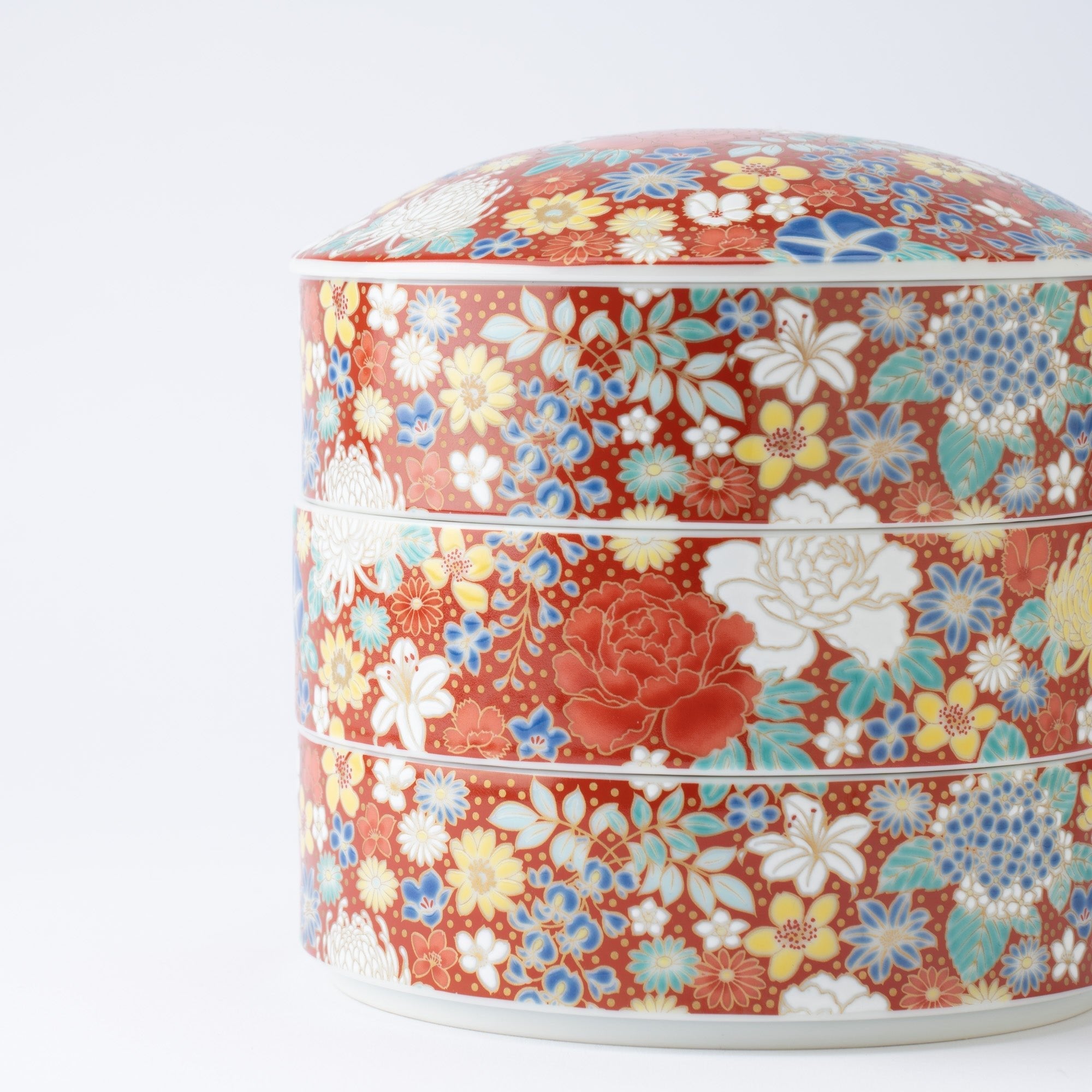 Seikou Kiln Red Hanazume Kutani Three Tiers Jubako Bento Box - MUSUBI KILN - Quality Japanese Tableware and Gift