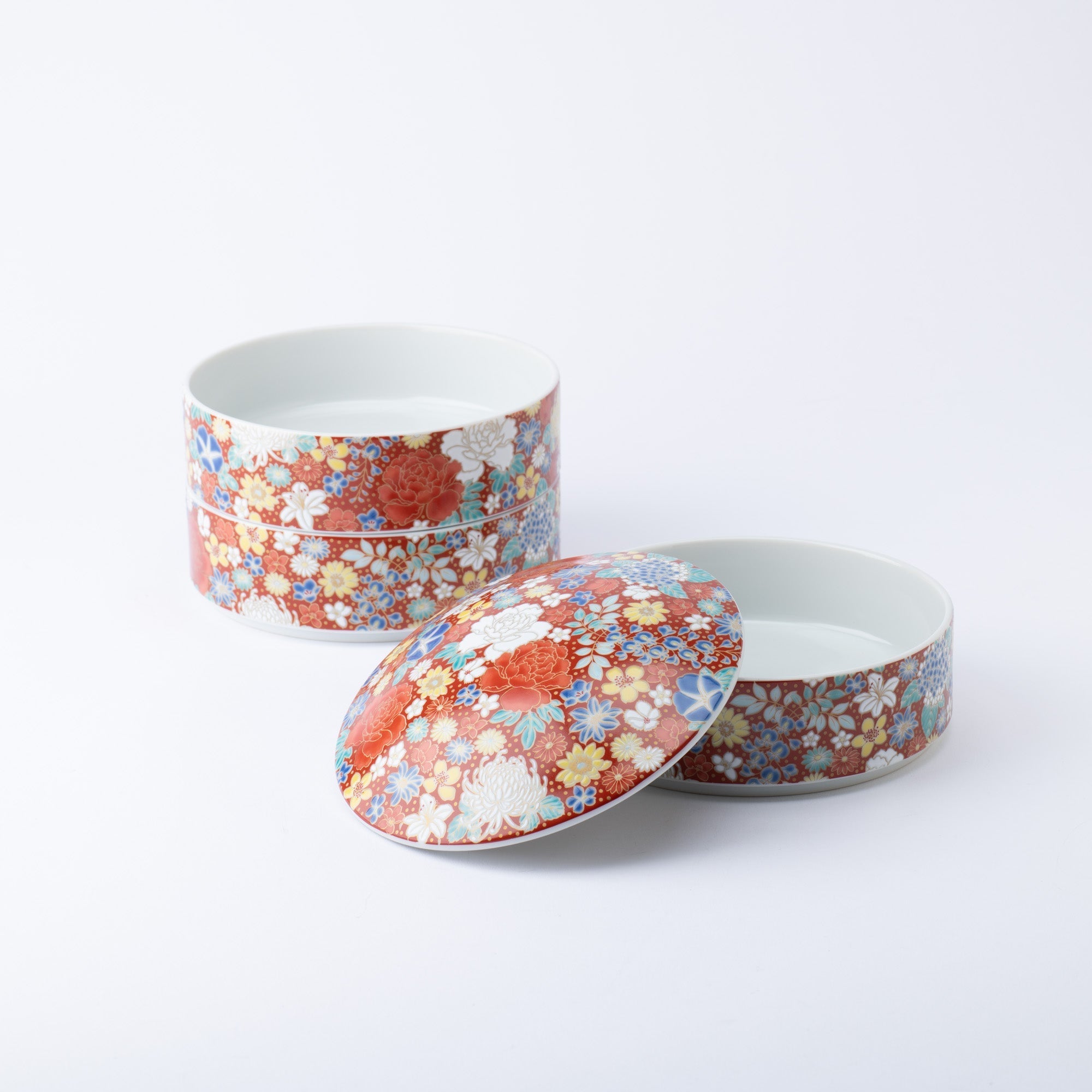 Seikou Kiln Red Hanazume Kutani Three Tiers Jubako Bento Box - MUSUBI KILN - Quality Japanese Tableware and Gift