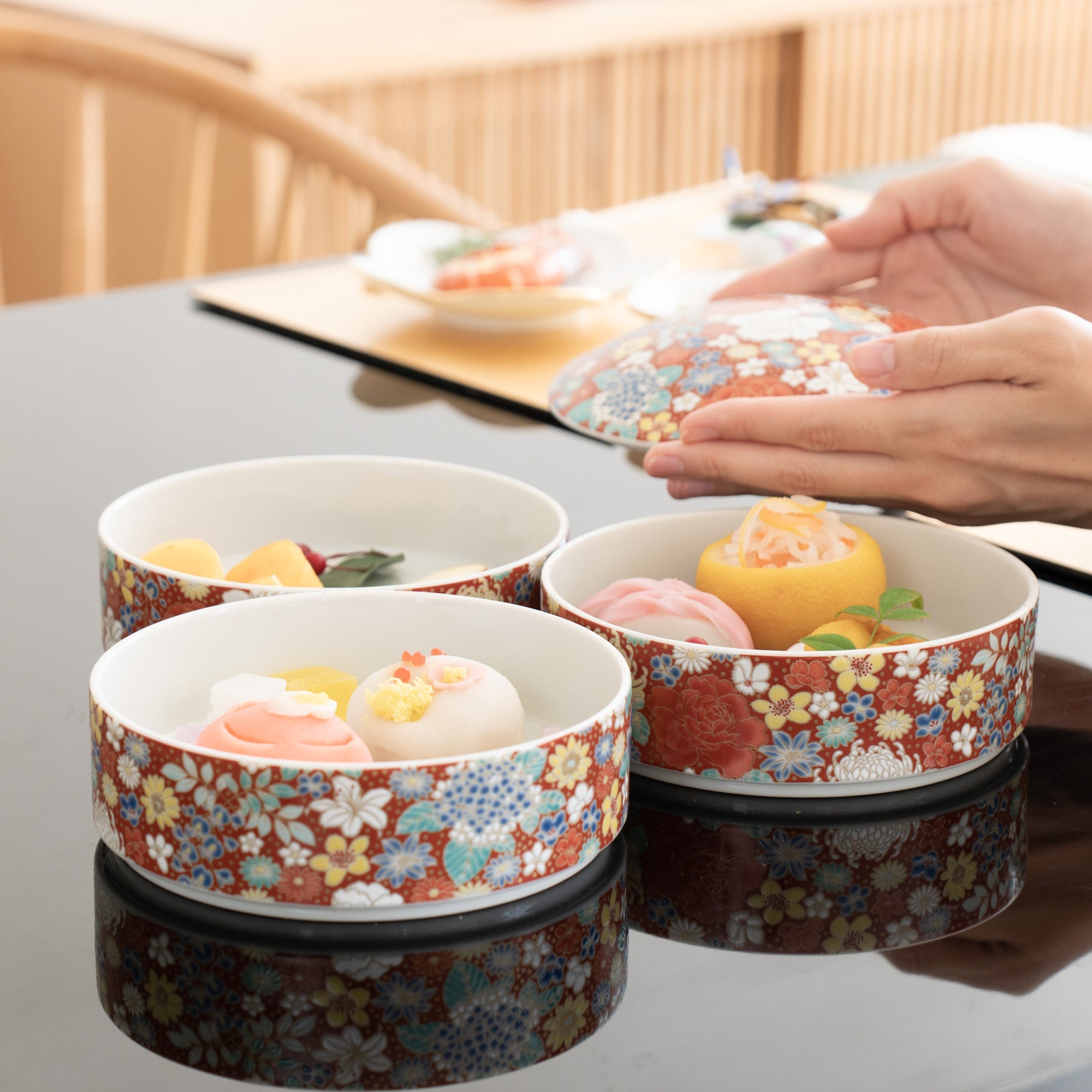 Seikou Kiln Red Hanazume Kutani Three Tiers Jubako Bento Box - MUSUBI KILN - Quality Japanese Tableware and Gift