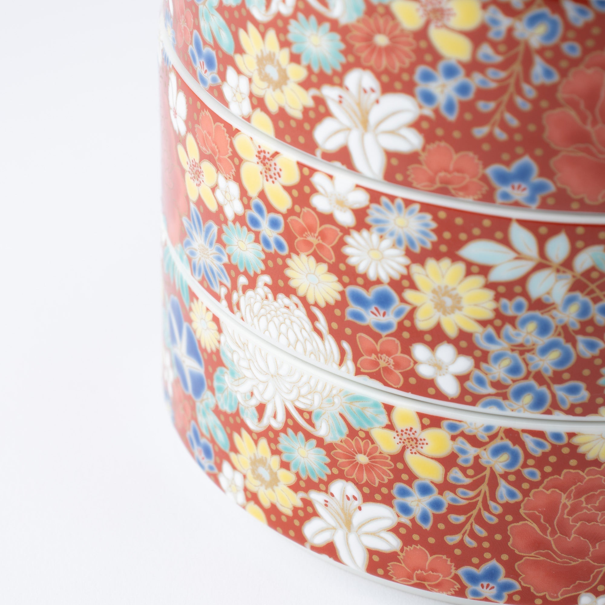 Seikou Kiln Red Hanazume Kutani Three Tiers Jubako Bento Box - MUSUBI KILN - Quality Japanese Tableware and Gift