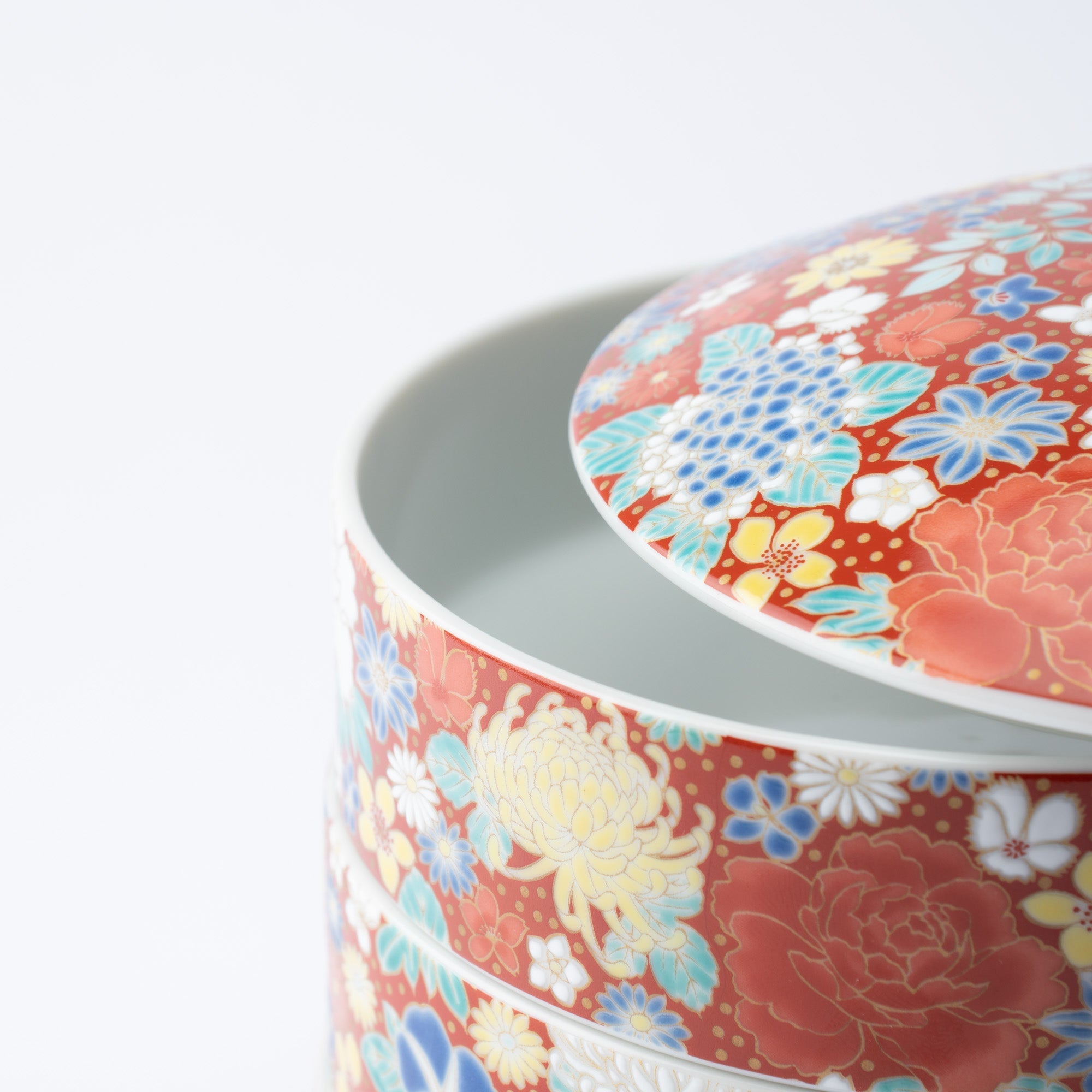 Seikou Kiln Red Hanazume Kutani Three Tiers Jubako Bento Box - MUSUBI KILN - Quality Japanese Tableware and Gift