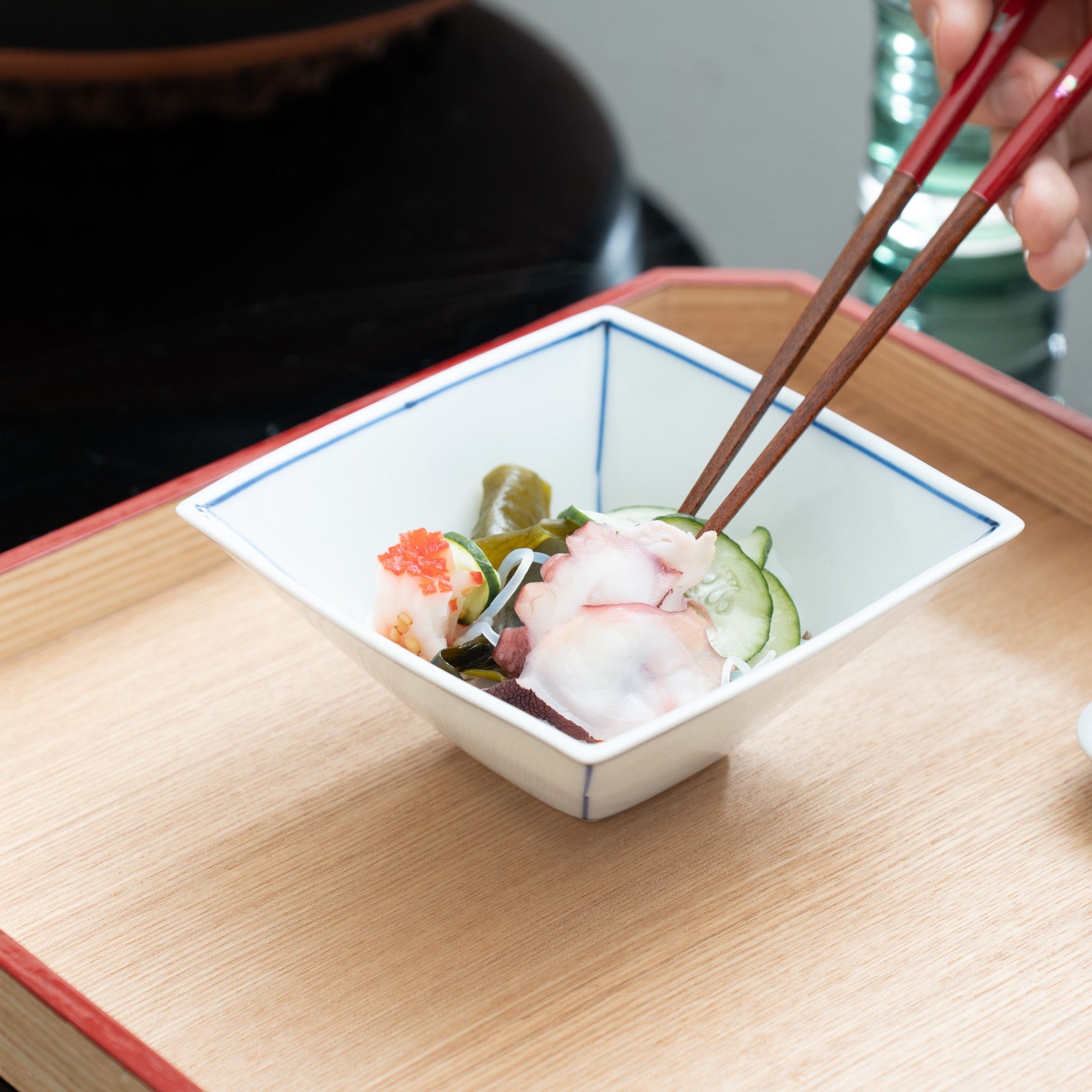 SINGAMA Blue Line Seto Ware Square Kobachi Bowl 4.5in - MUSUBI KILN - Quality Japanese Tableware and Gift
