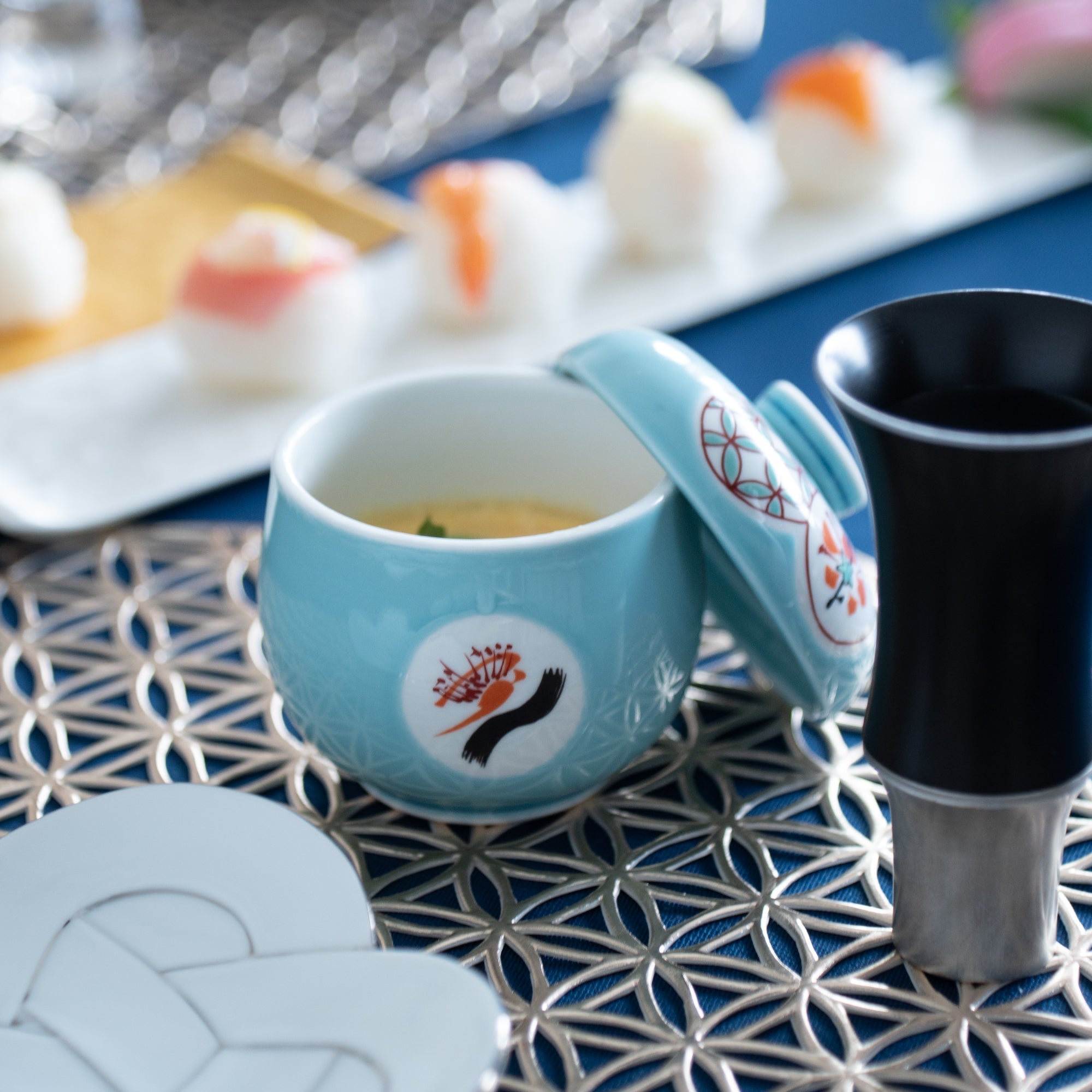 Tasei Kiln Celadon Circle Pattern Arita Chawanmushi Bowl - MUSUBI KILN - Quality Japanese Tableware and Gift