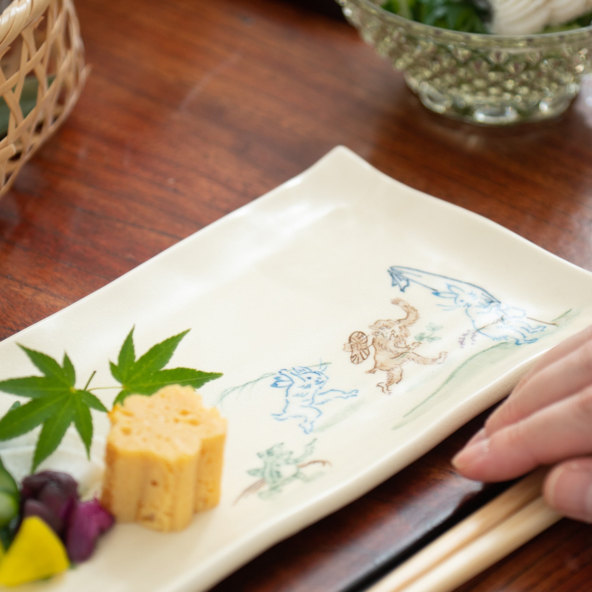 Tosen Kiln Kozan - ji Temple Choju Giga Kiyomizu Ware Rectangle Plate 10.4in - MUSUBI KILN - Quality Japanese Tableware and Gift