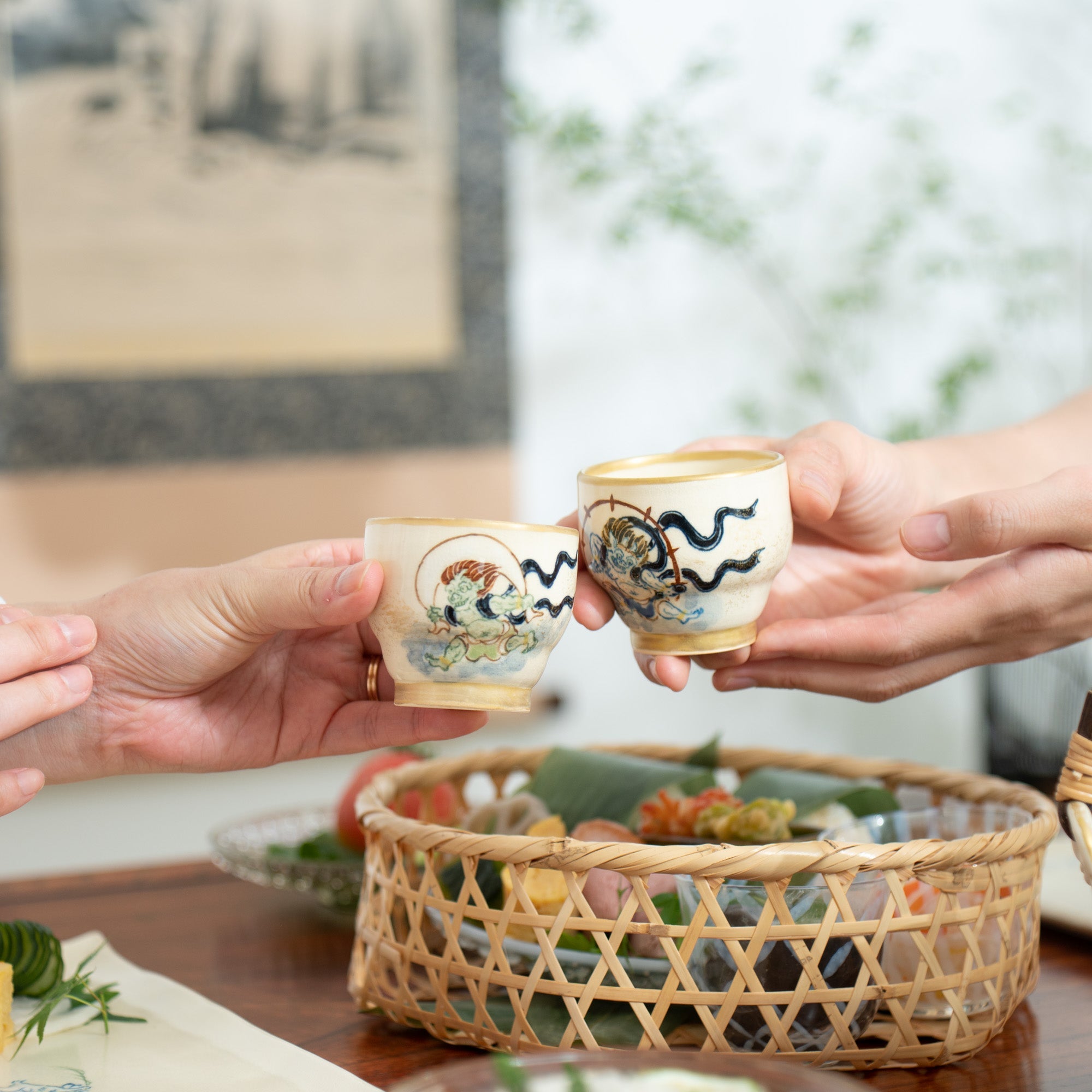 Tosen Kiln Wind God and Thunder God Kiyomizu Ware Sake Cup Pair - MUSUBI KILN - Quality Japanese Tableware and Gift