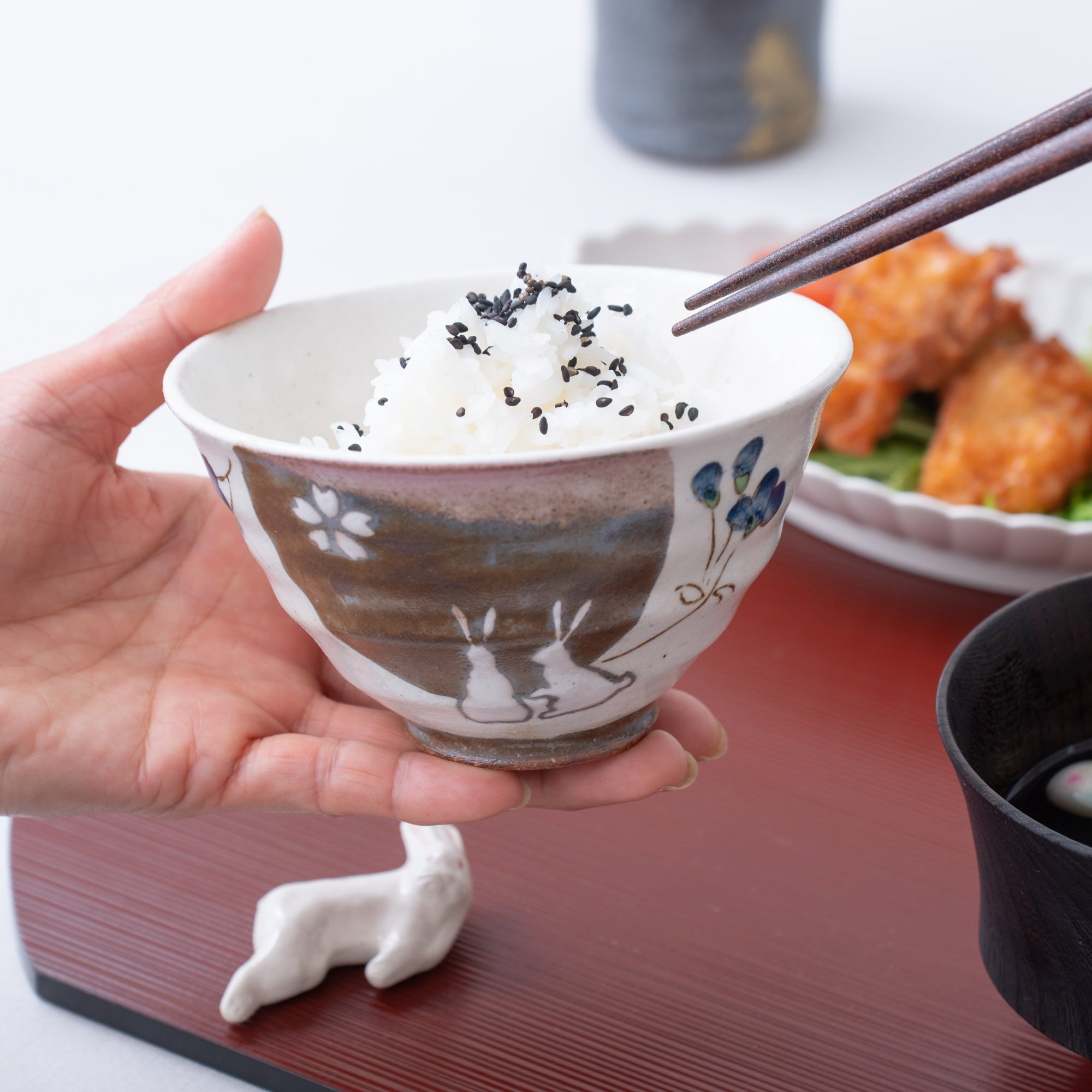 Tougen Kiln Rabbit Hasami Japanese Rice Bowl - MUSUBI KILN - Quality Japanese Tableware and Gift