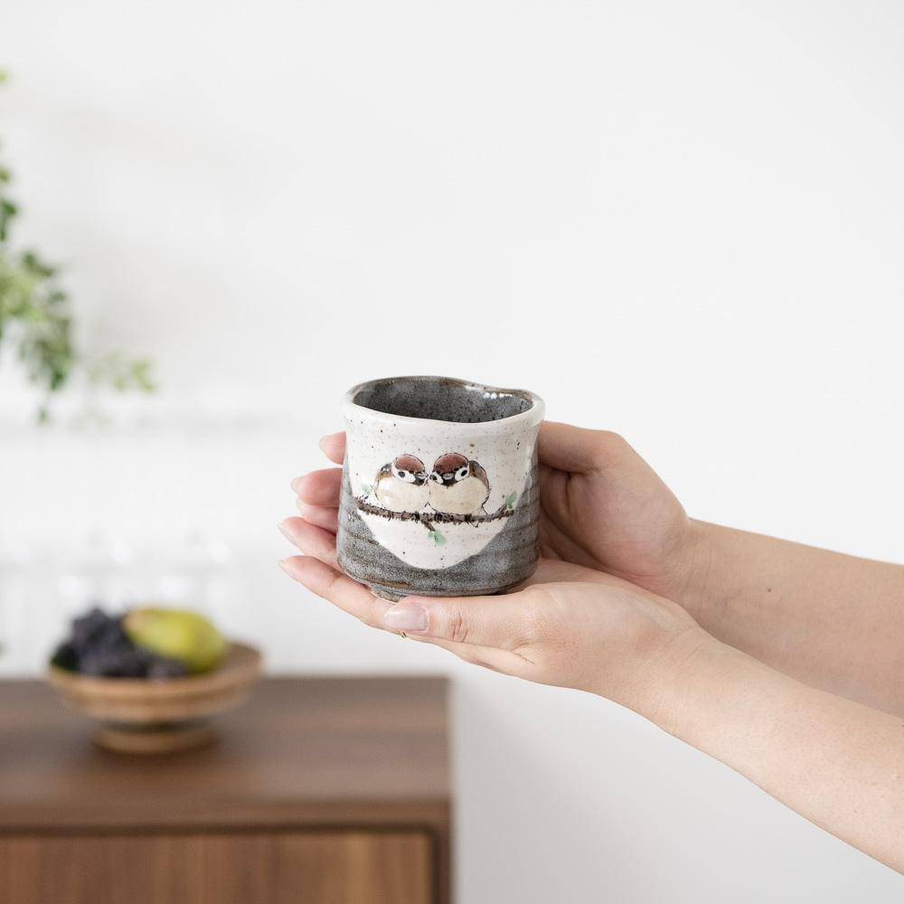 Twin Sparrows Kutani Yunomi Japanese Teacup - B - MUSUBI KILN - Quality Japanese Tableware and Gift