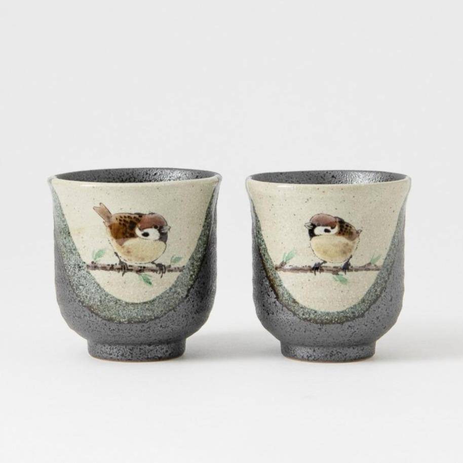 Twin Sparrows Kutani Yunomi Japanese Teacup Pair - MUSUBI KILN - Quality Japanese Tableware and Gift