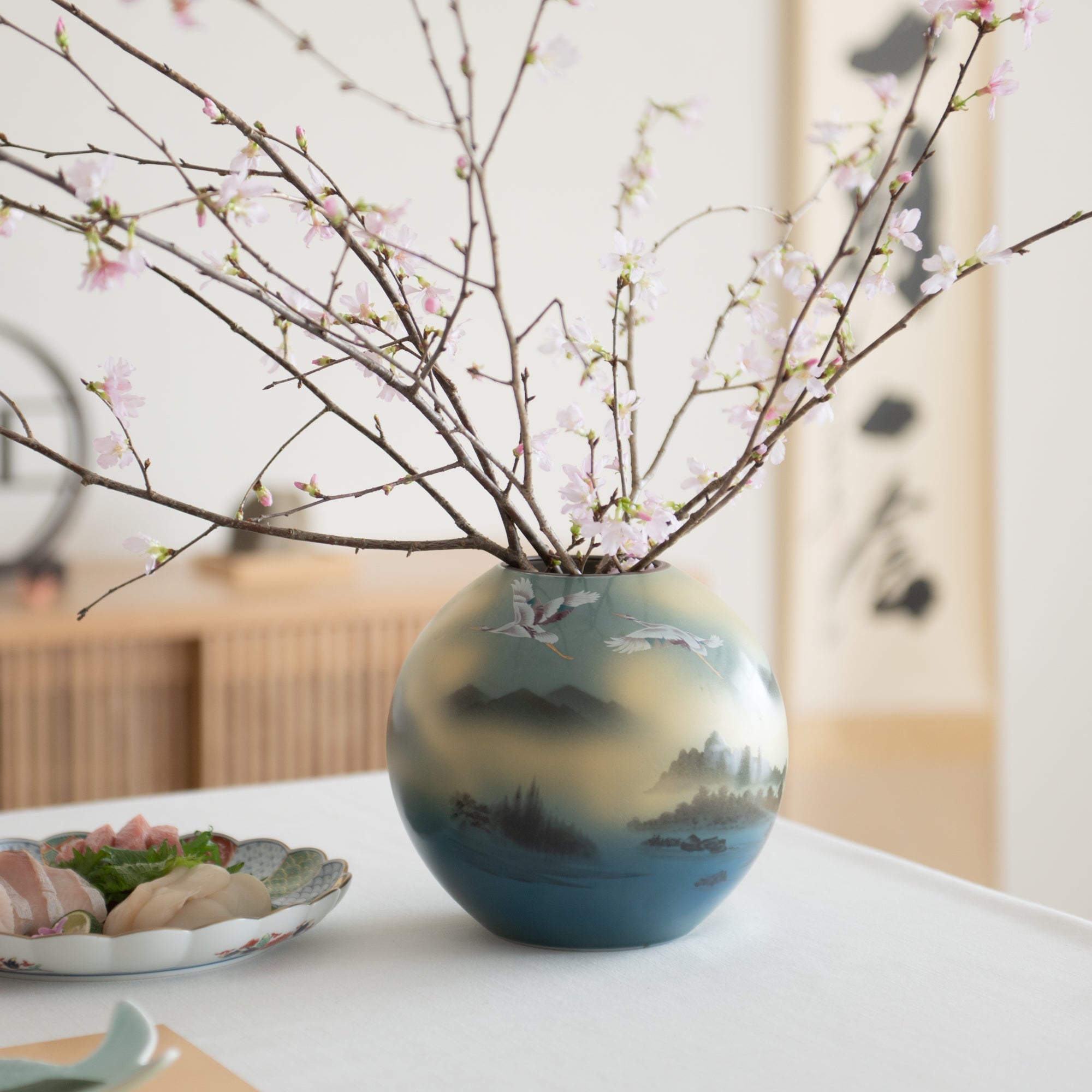 Two Cranes and Landscape Kutani Japanese Flower Vase - MUSUBI KILN - Quality Japanese Tableware and Gift