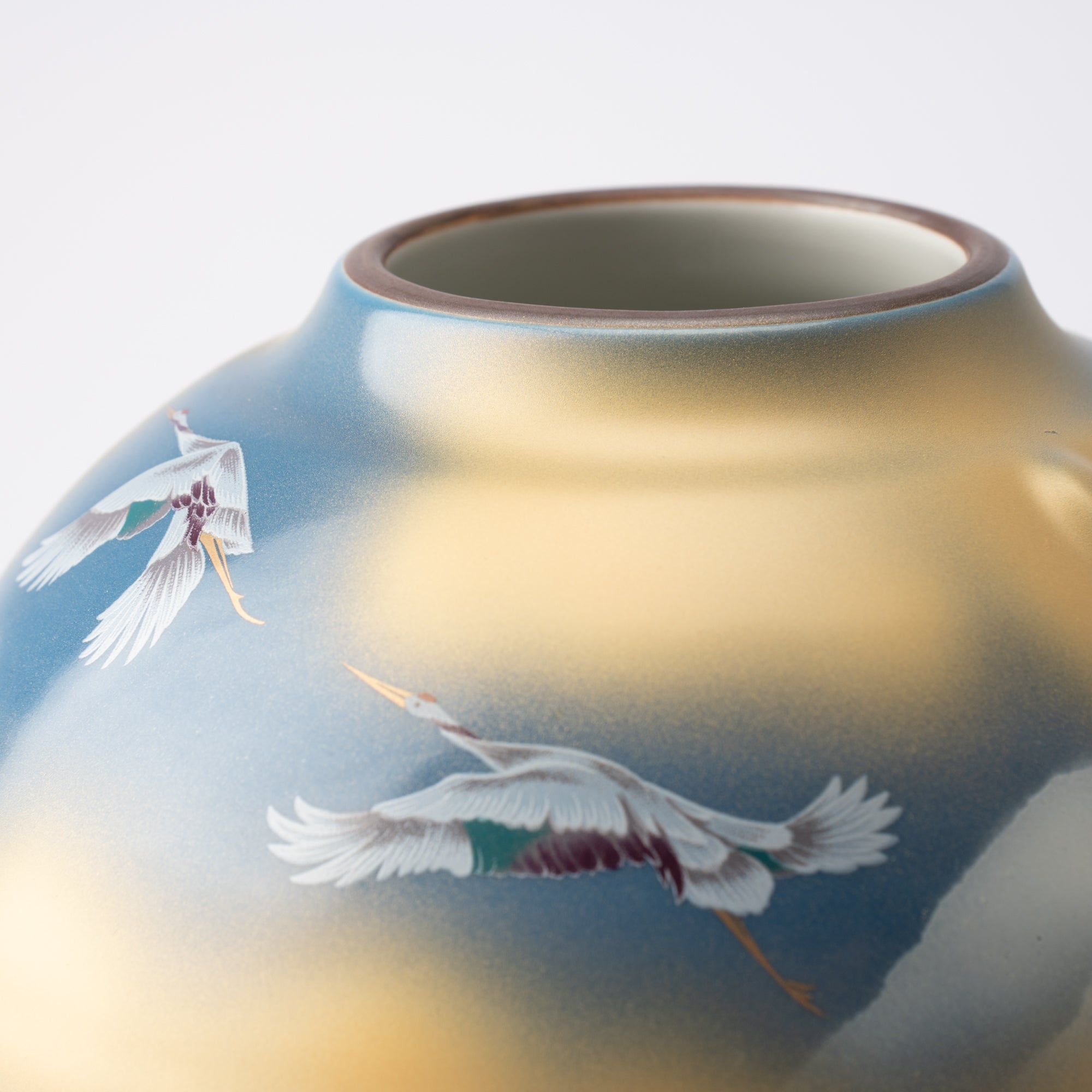 Two Cranes and Mountains Kutani Japanese Flower Vase with stand - MUSUBI KILN - Quality Japanese Tableware and Gift