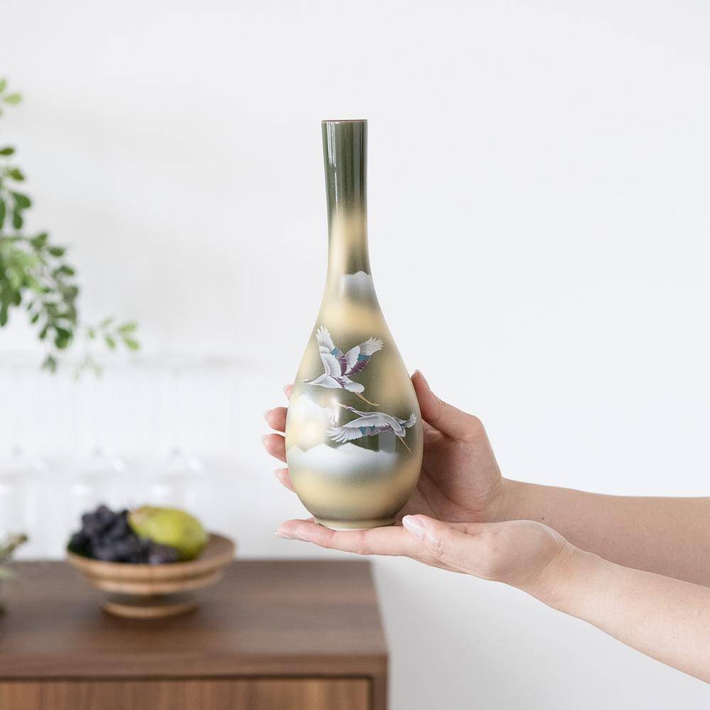 Two Cranes in Sea of Clouds Kutani Japanese Flower Vase - MUSUBI KILN - Quality Japanese Tableware and Gift