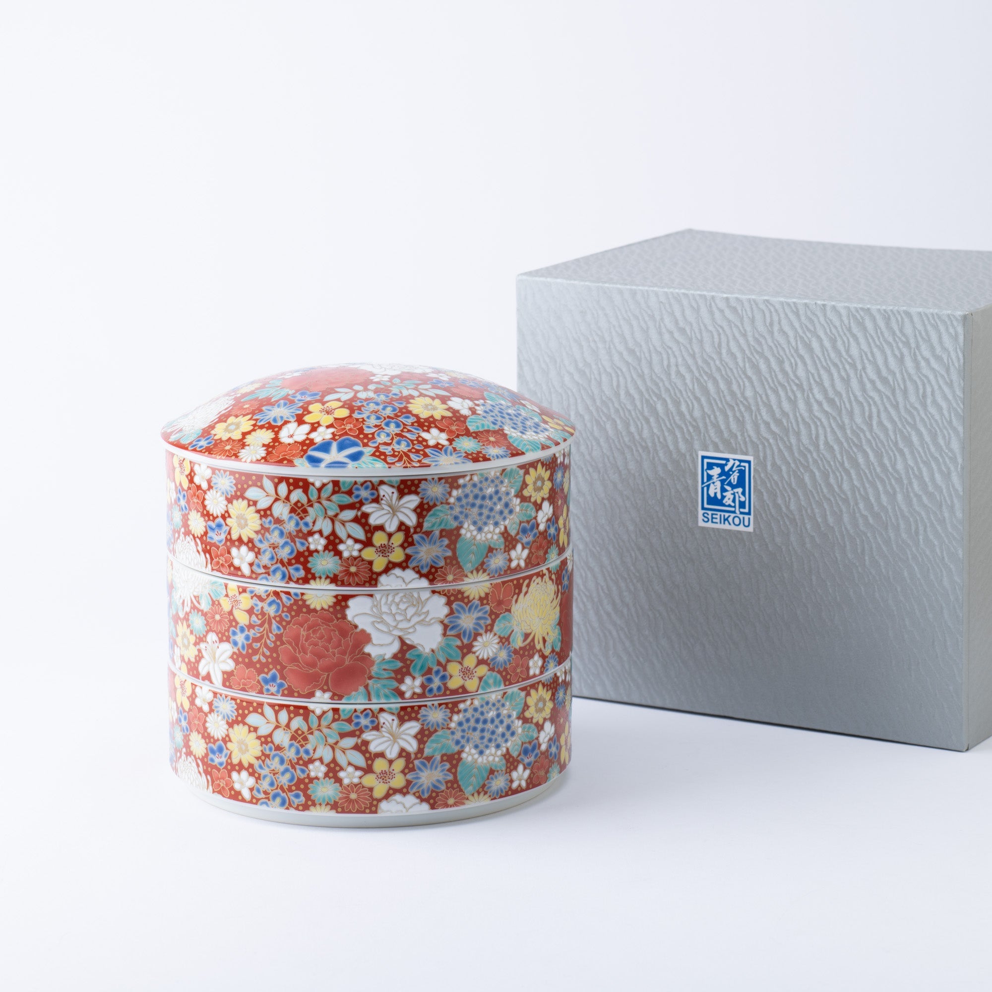 Seikou Kiln Red Hanazume Kutani Three Tiers Jubako Bento Box - MUSUBI KILN - Quality Japanese Tableware and Gift