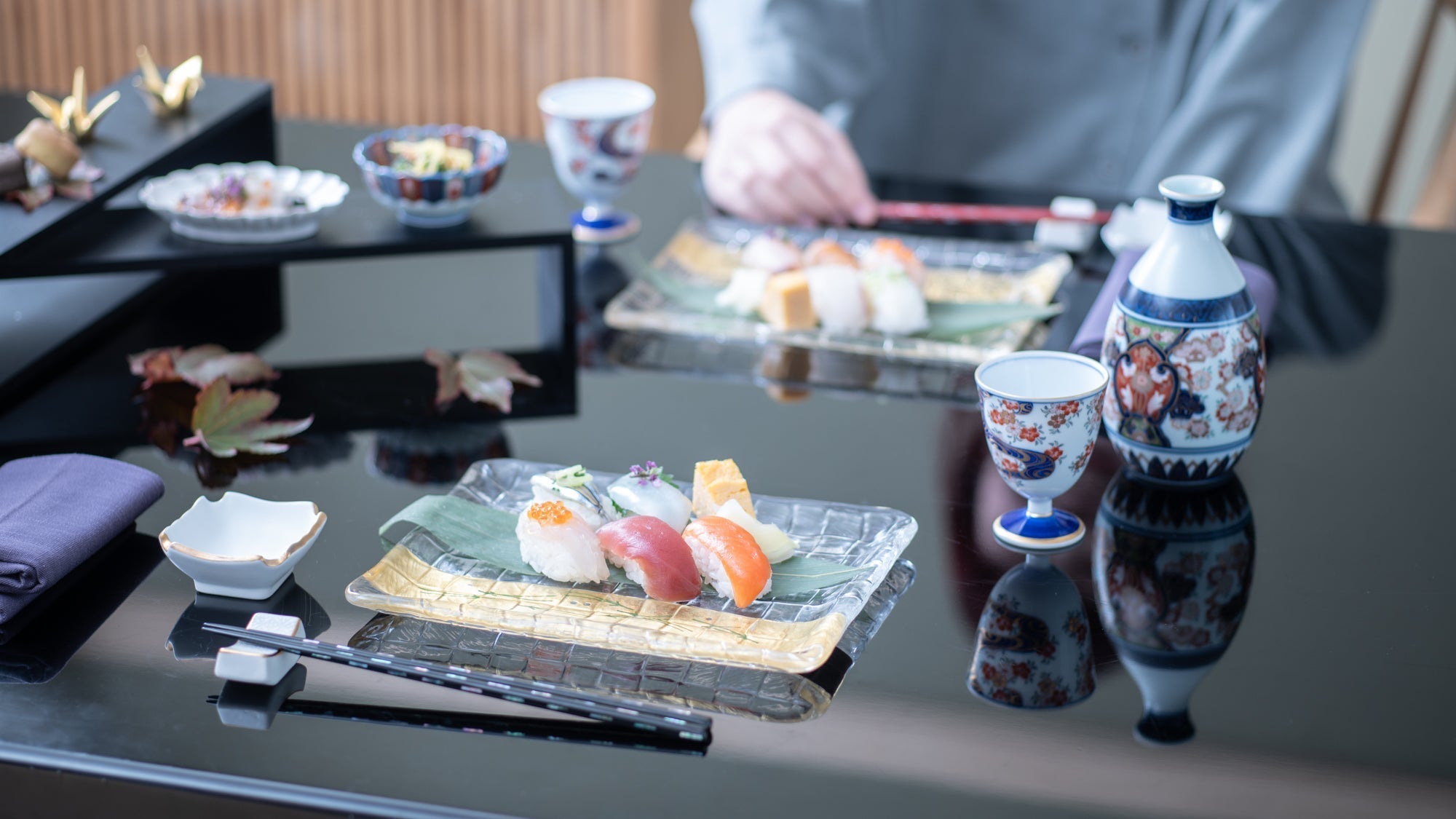 Sushi with Stylish Maki-e Glass Rectangle Plates