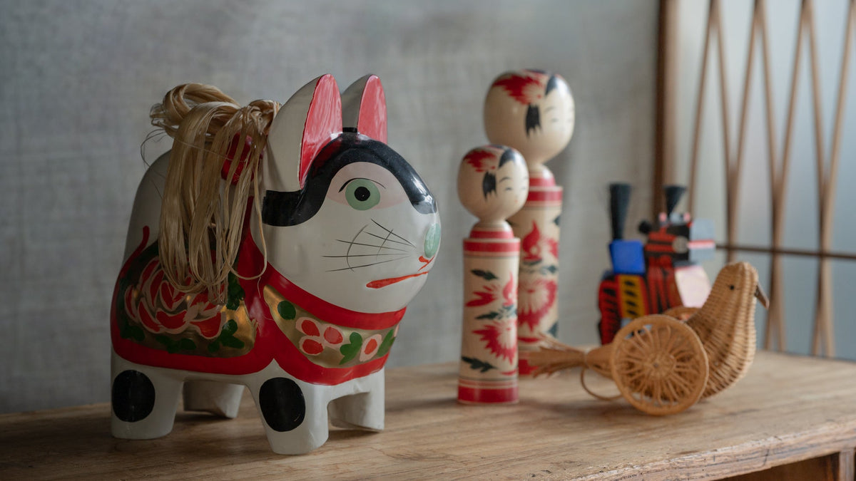 Traditional Japanese regional toys displayed in an old Japanese folk house