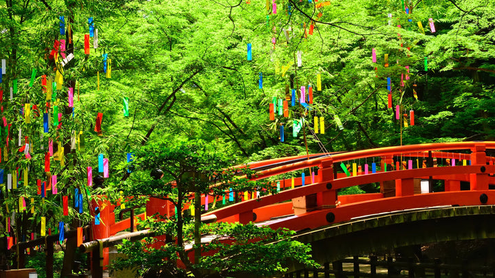 A Tanabata festival scene in Japan with colorful decorations