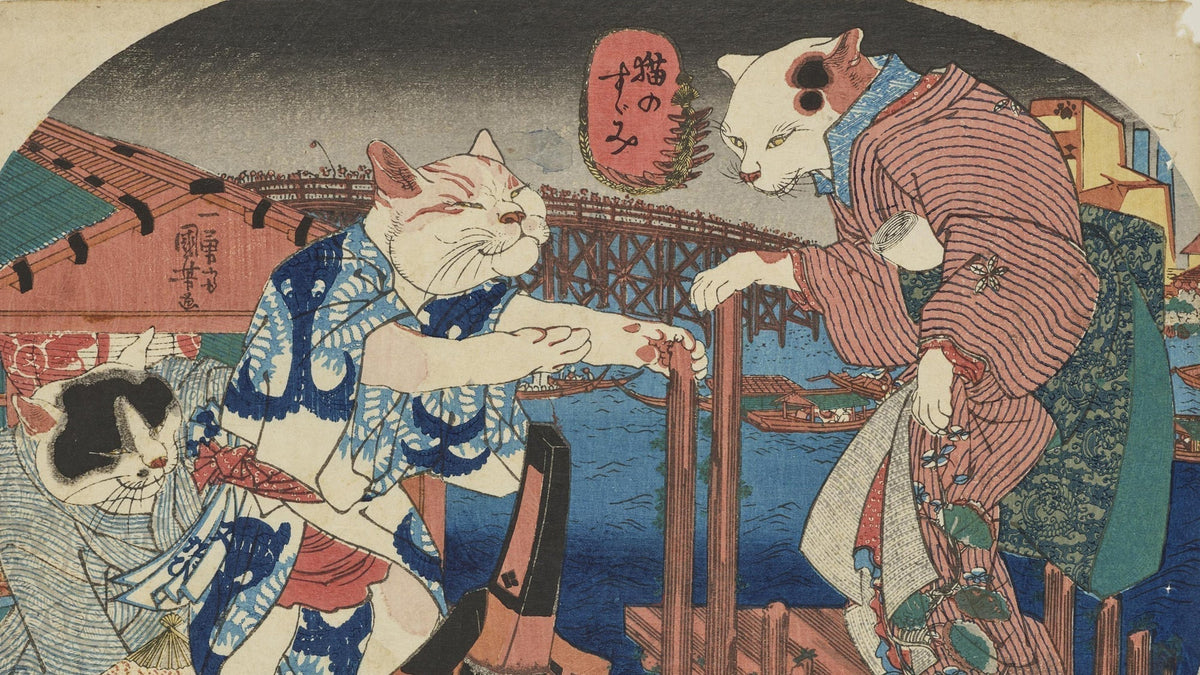 Ukiyo-e print of cats wearing kimono
