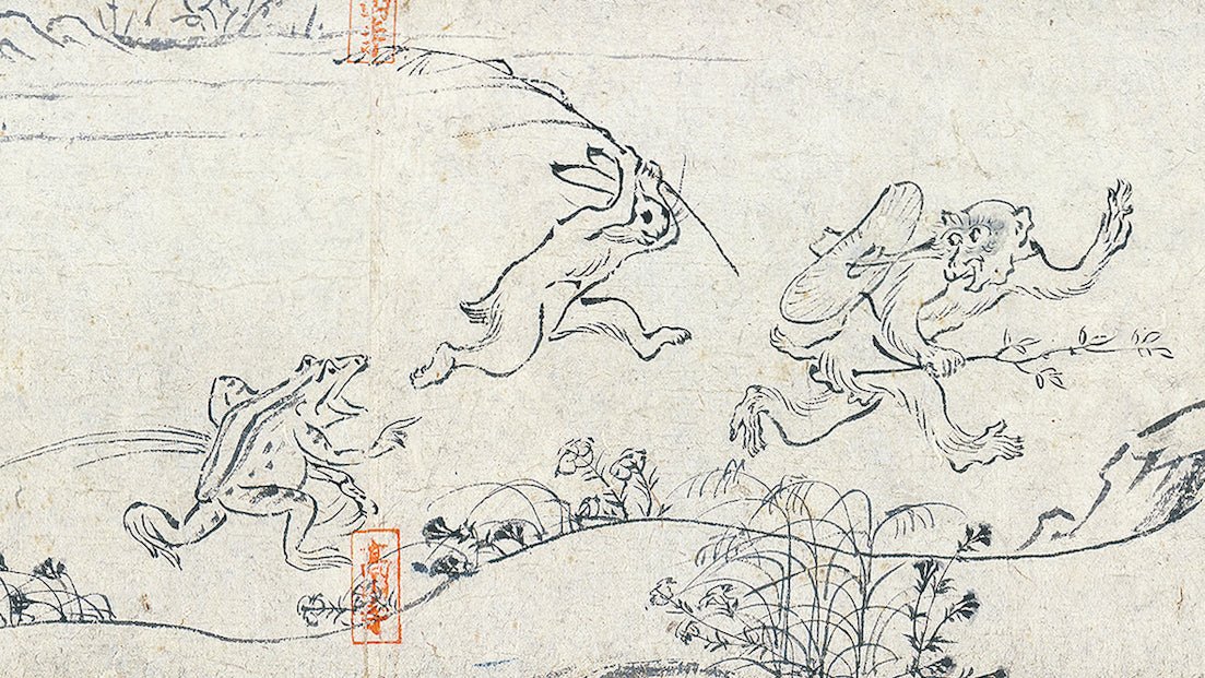 Monkeys praying and rabbits wrestling, Chojugiga picture scroll - MUSUBI KILN