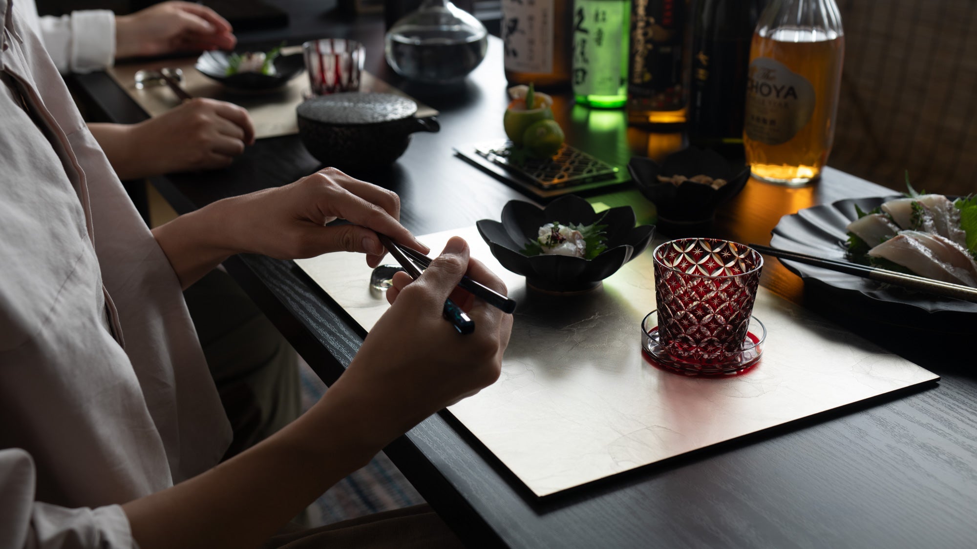 Captivating Contrasts: Glimmering Edo Kiriko Glassware on Black