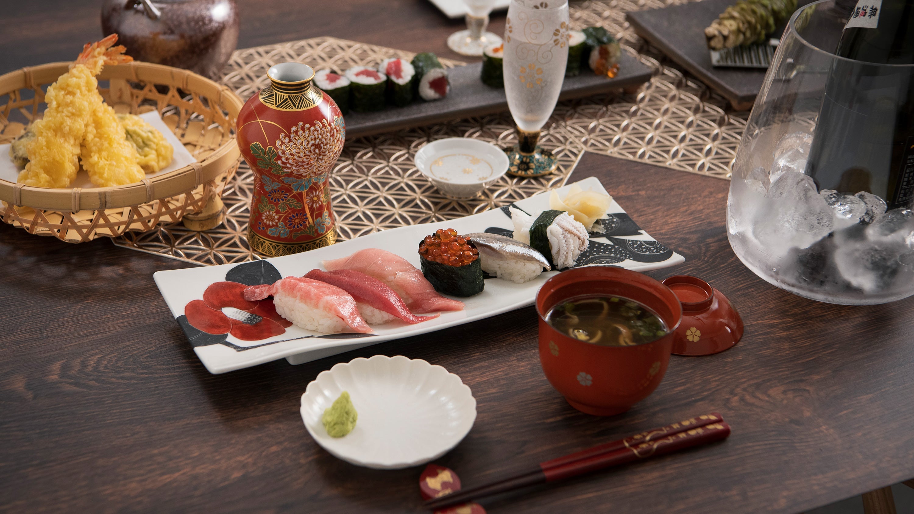 Authentic Sushi Set with Red Camellia Plate