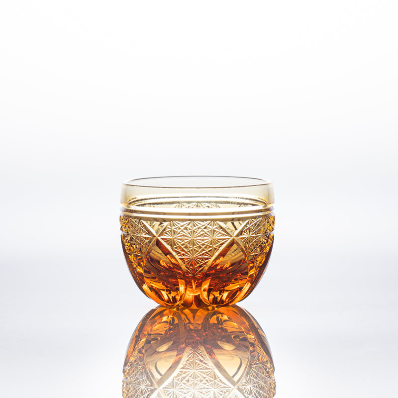 Kiyohide Glass Amber Flower Petals Edo Kiriko Cut Glass Guinomi Sake Cup