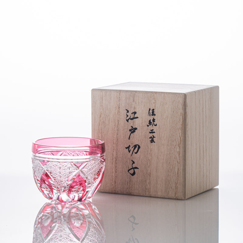 Kiyohide Glass Pink Flower Petals Edo Kiriko Cut Glass Guinomi Sake Cu, MUSUBI KILN