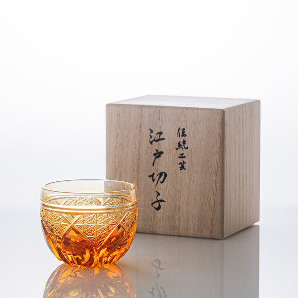 Kiyohide Glass Amber Flower Petals Edo Kiriko Cut Glass Guinomi Sake Cup