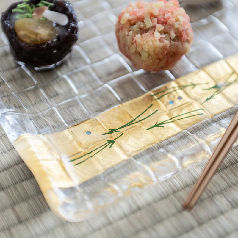 Yoshita Kasho Glass Pine Needles Maki-e Rectangle Plate