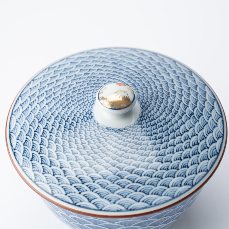 Midou Kiln Seigaiha Blue Wave Hasami Japanese Teacup with lid