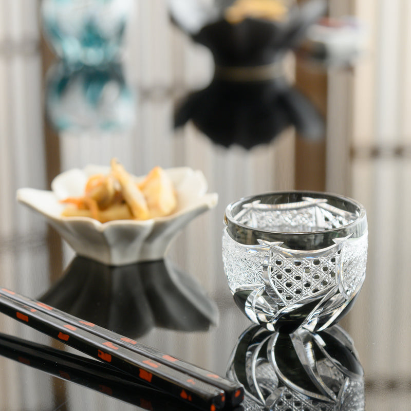 Kiyohide Glass Black Windmill Edo Kiriko Cut Glass Guinomi Sake Cup
