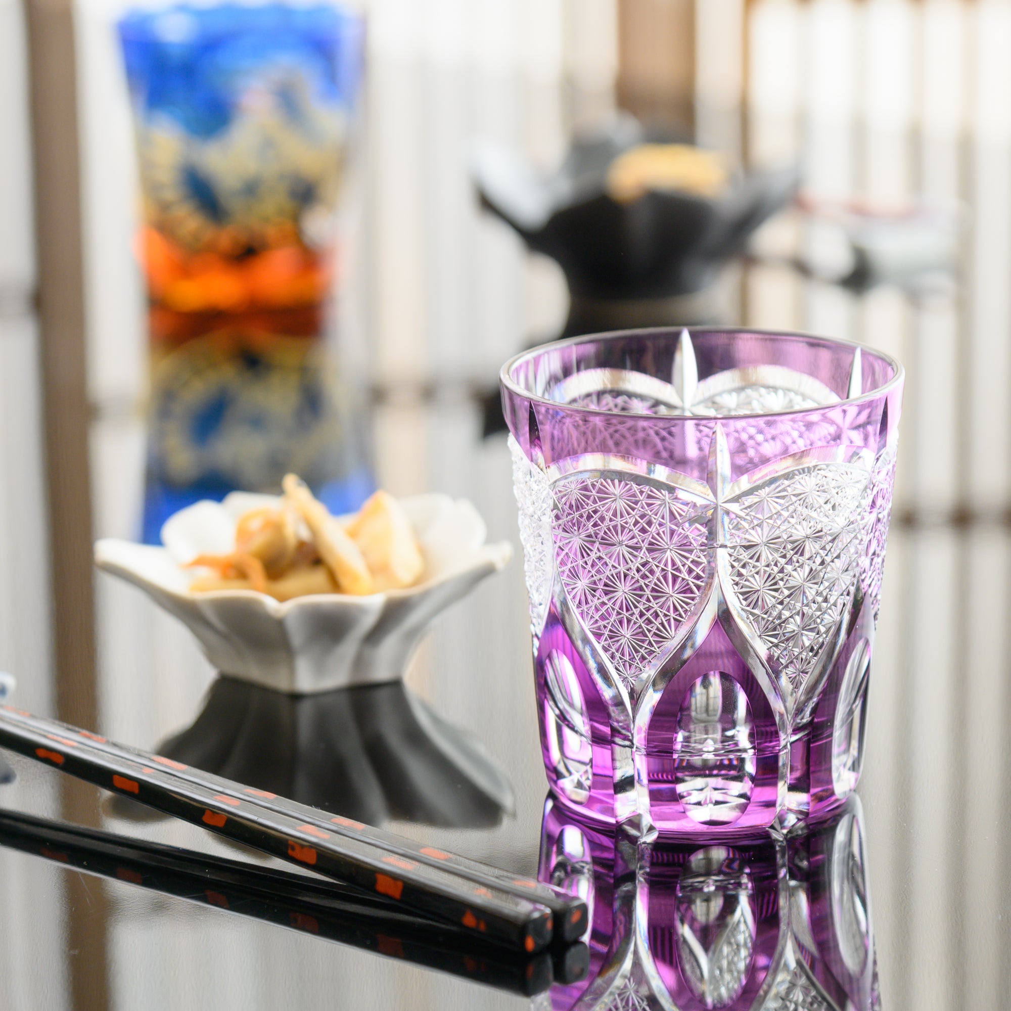 Kiyohide Glass Regal Violet Chrysanthemum Fan Edo Kiriko Rocks Glass