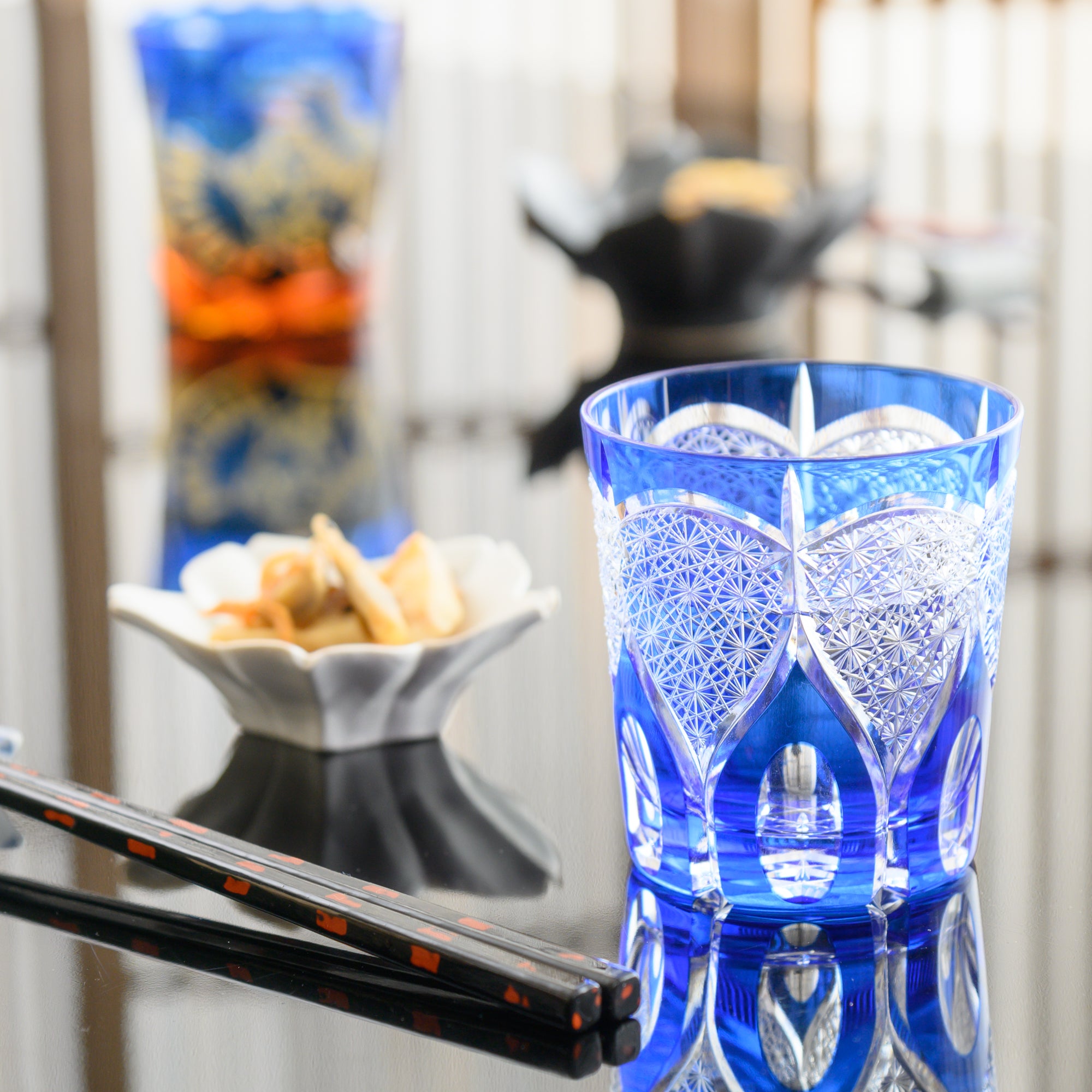 Kiyohide Glass Lapis Lazuli Chrysanthemum Fan Edo Kiriko Rocks Glass