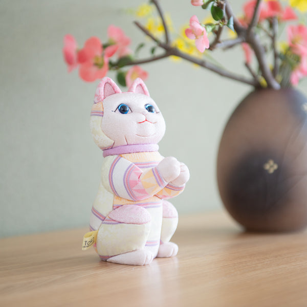 Kakinuma Ningyo Striped Wish Upon a Star Edo Kimekomi Doll Lucky Cat - Pink