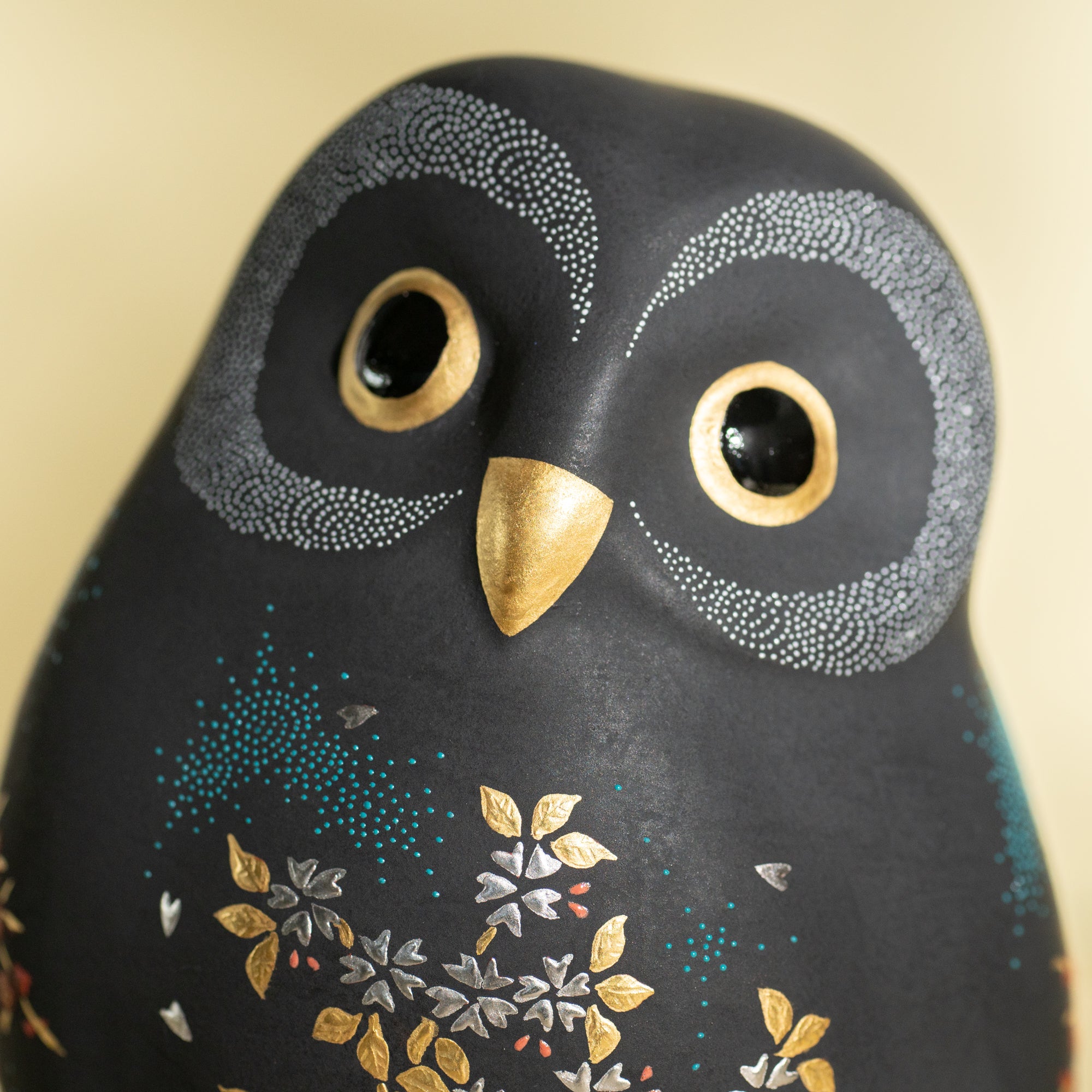 Morikin Aochibu Sakura and Plum Blossom Pattern Owl Figurine