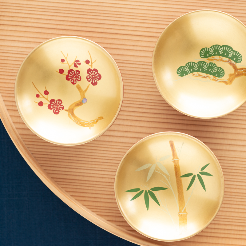 Fukunishi Sobe Pine, Bamboo and Plum Aizu Lacquerware Sakazuki Flat Sake Cup Set of 3
