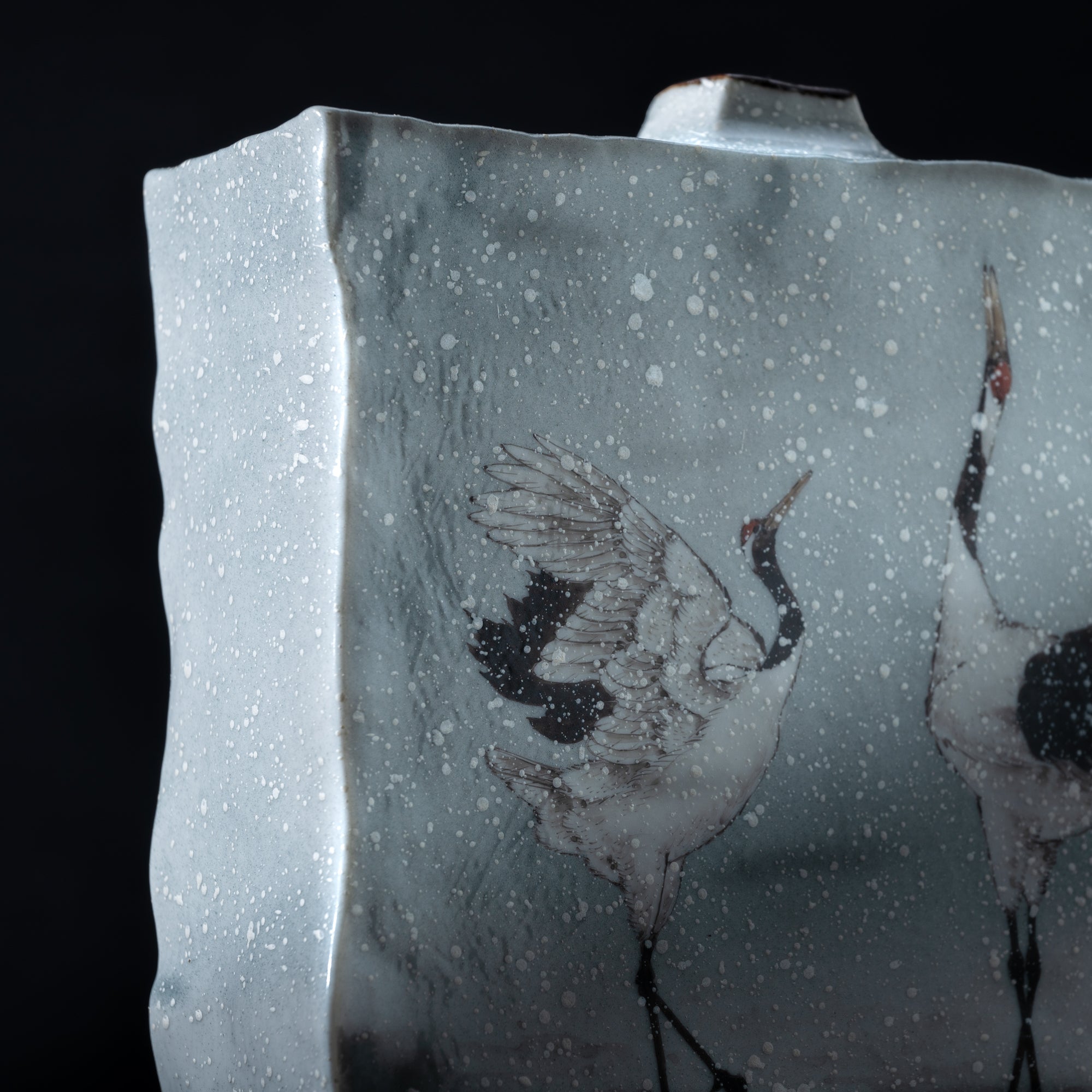 Cranes Dancing in Snow Japanese Flower Vase