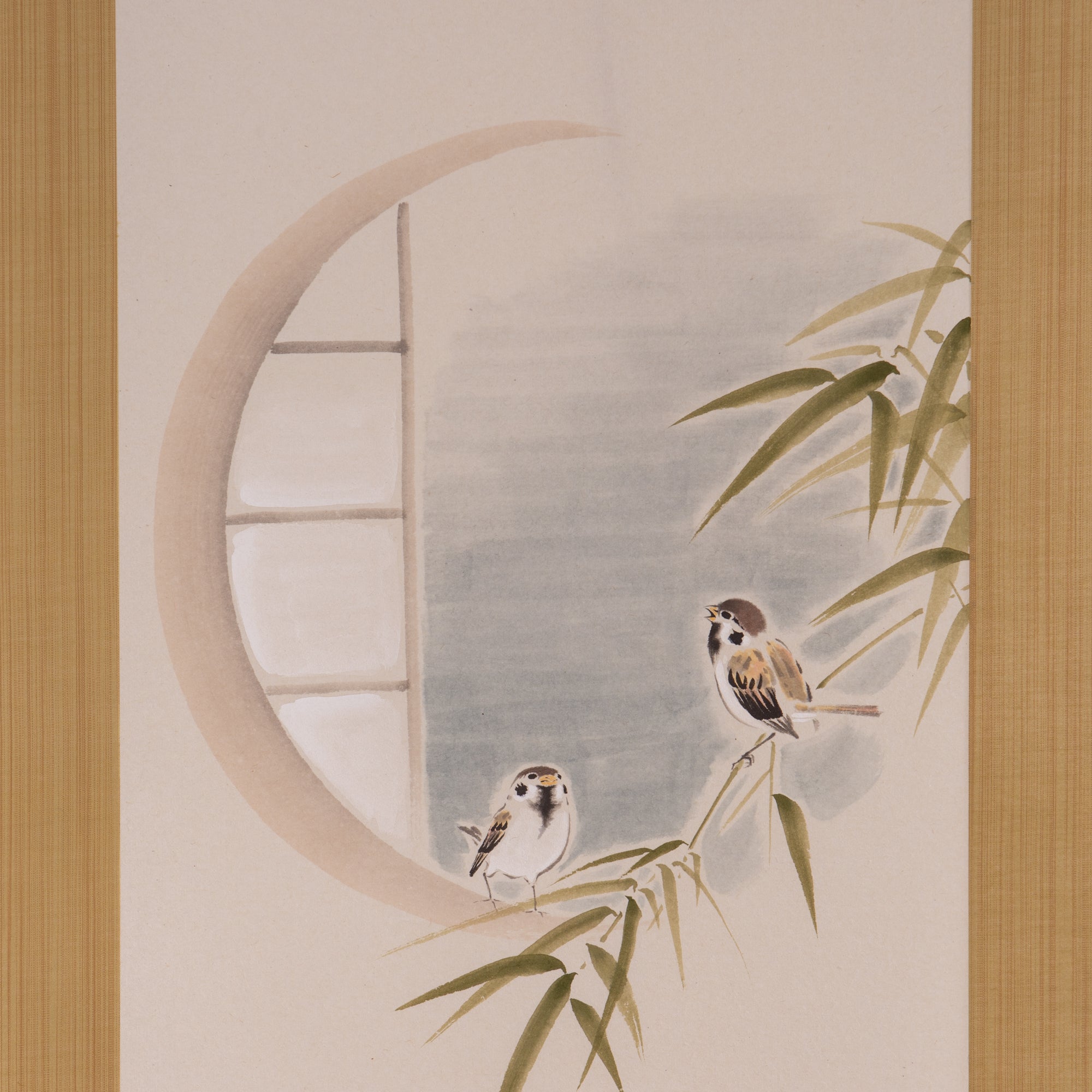 Sparrows and Bamboo with Calligraphy Kakejiku Hanging Scroll