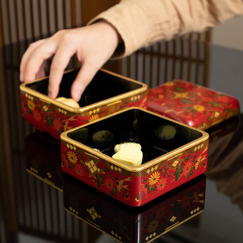 Fukunishi Sobe Chrysanthemum Aizu Lacquerware Two Tiers Jubako Bento Box