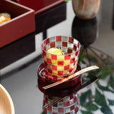 Hirota Checkered Pattern Edo Kiriko Glass Soba Choko Cup with Lid