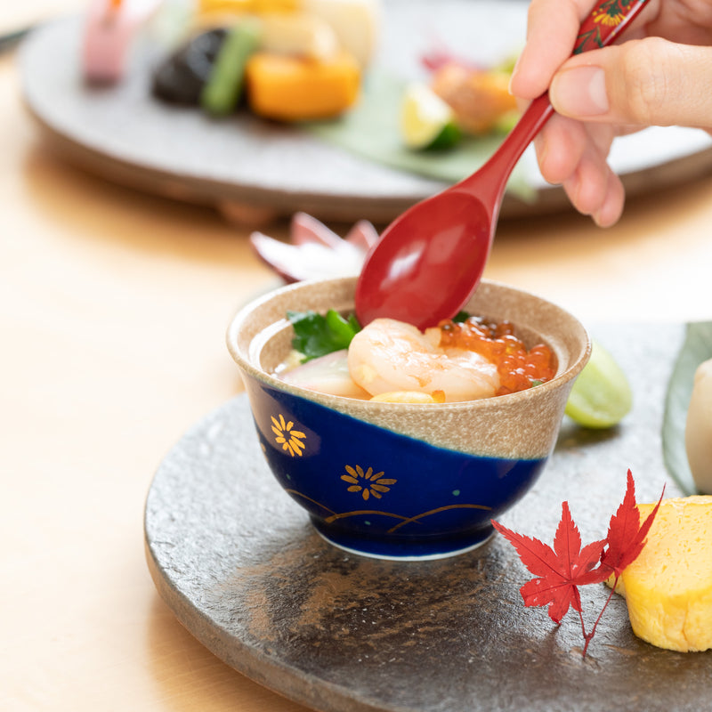 Musubi Mono Blue Glaze Gold Chrysanthemum Arita Chawanmushi Bowl