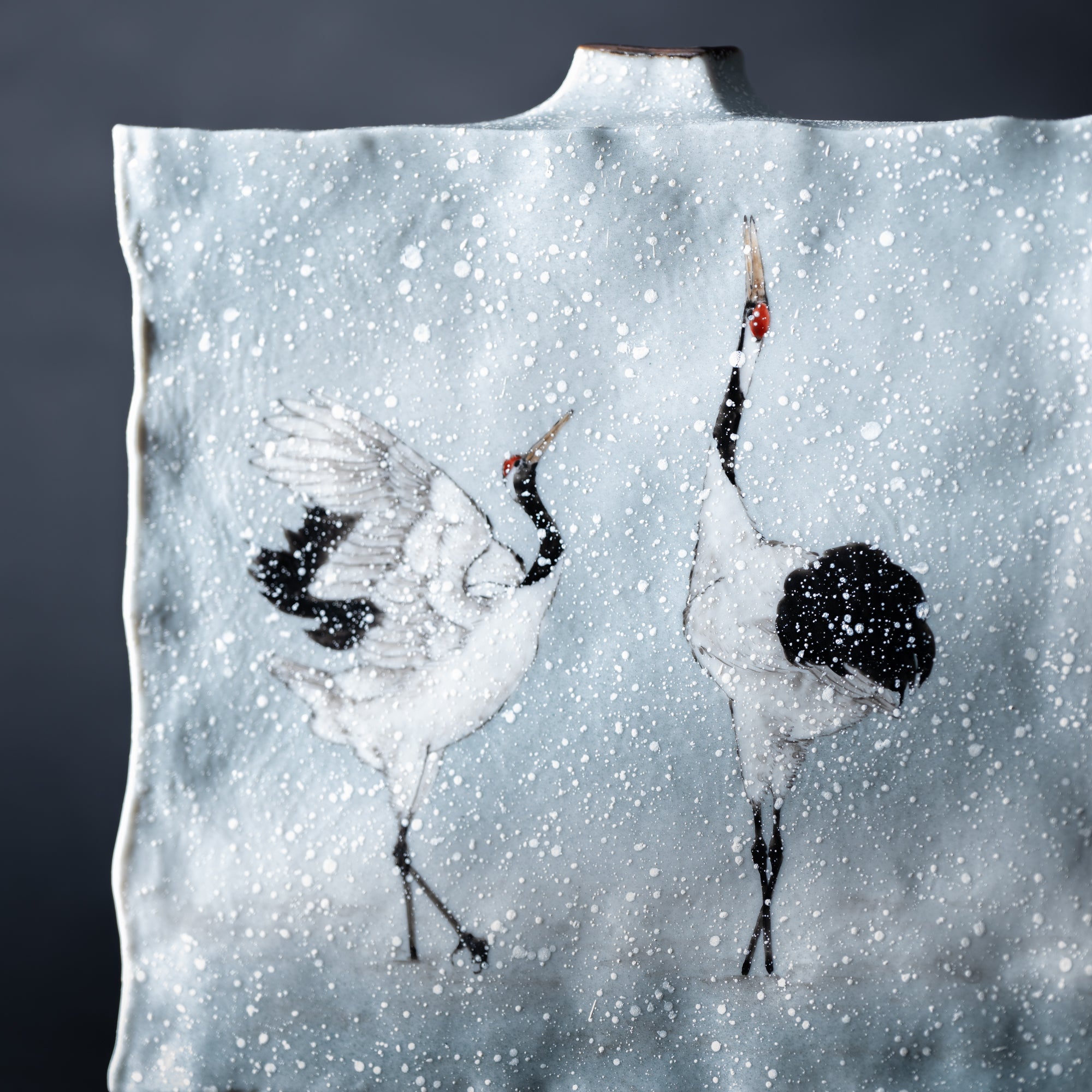 Cranes Dancing in Snow Japanese Flower Vase