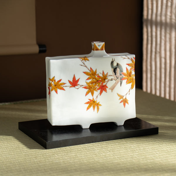 Yamada Yoshiaki Red Leaves and Chickadee Japanese Flower Vase