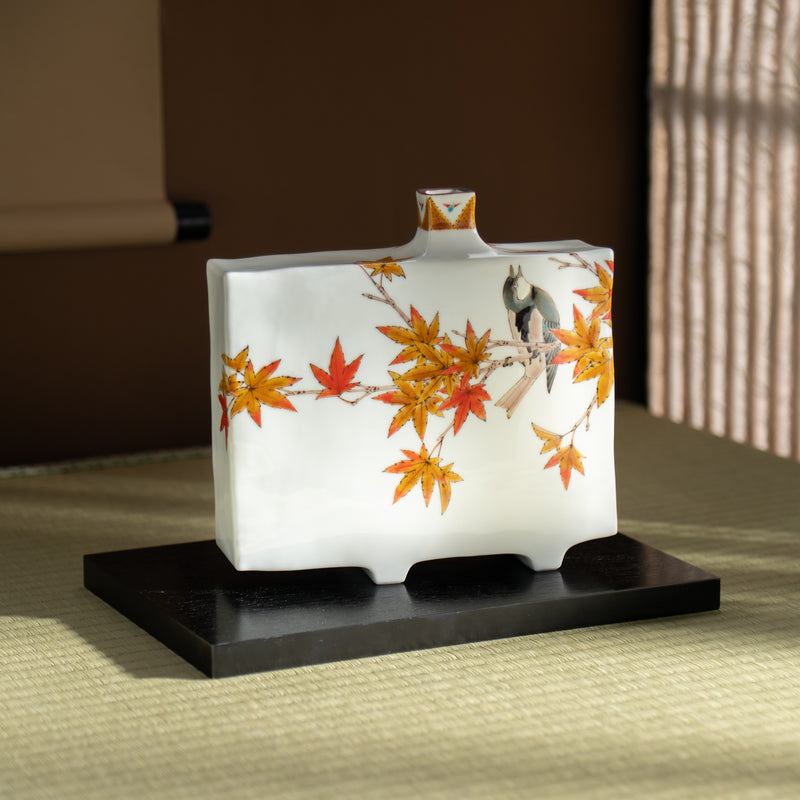 Yamada Yoshiaki Red Leaves and Chickadee Japanese Flower Vase