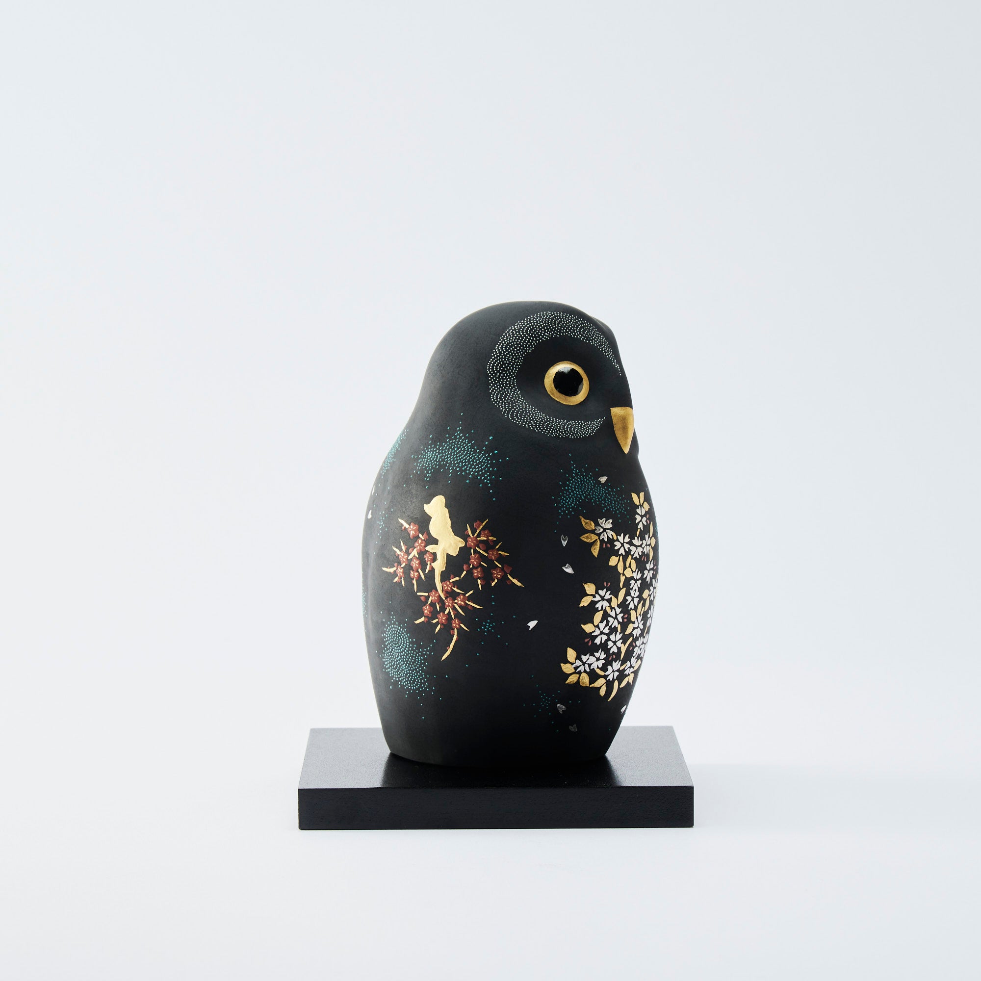 Morikin Aochibu Sakura and Plum Blossom Pattern Owl Figurine