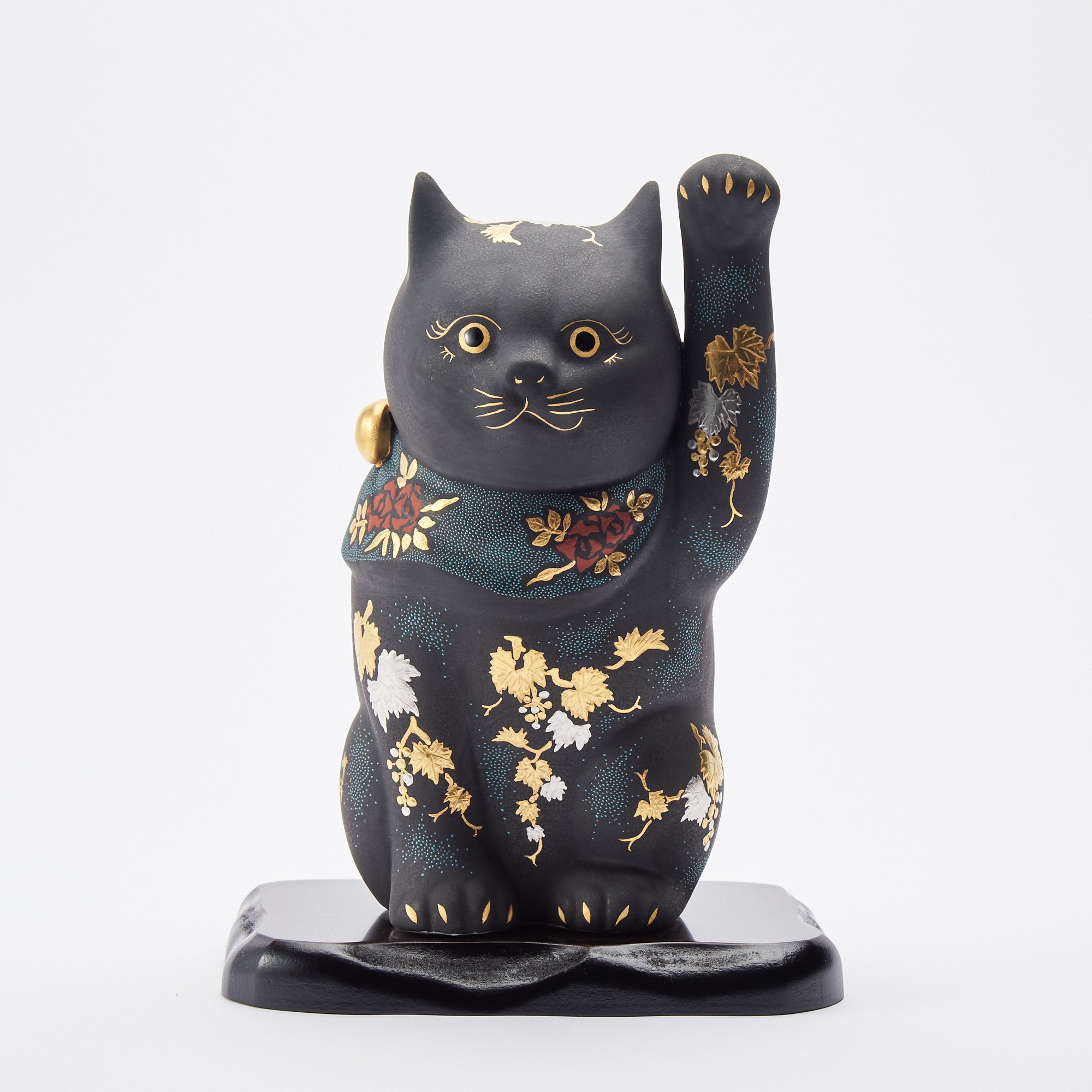 Black Morikin Aochibu Rose and Grape Pattern Lucky Cat