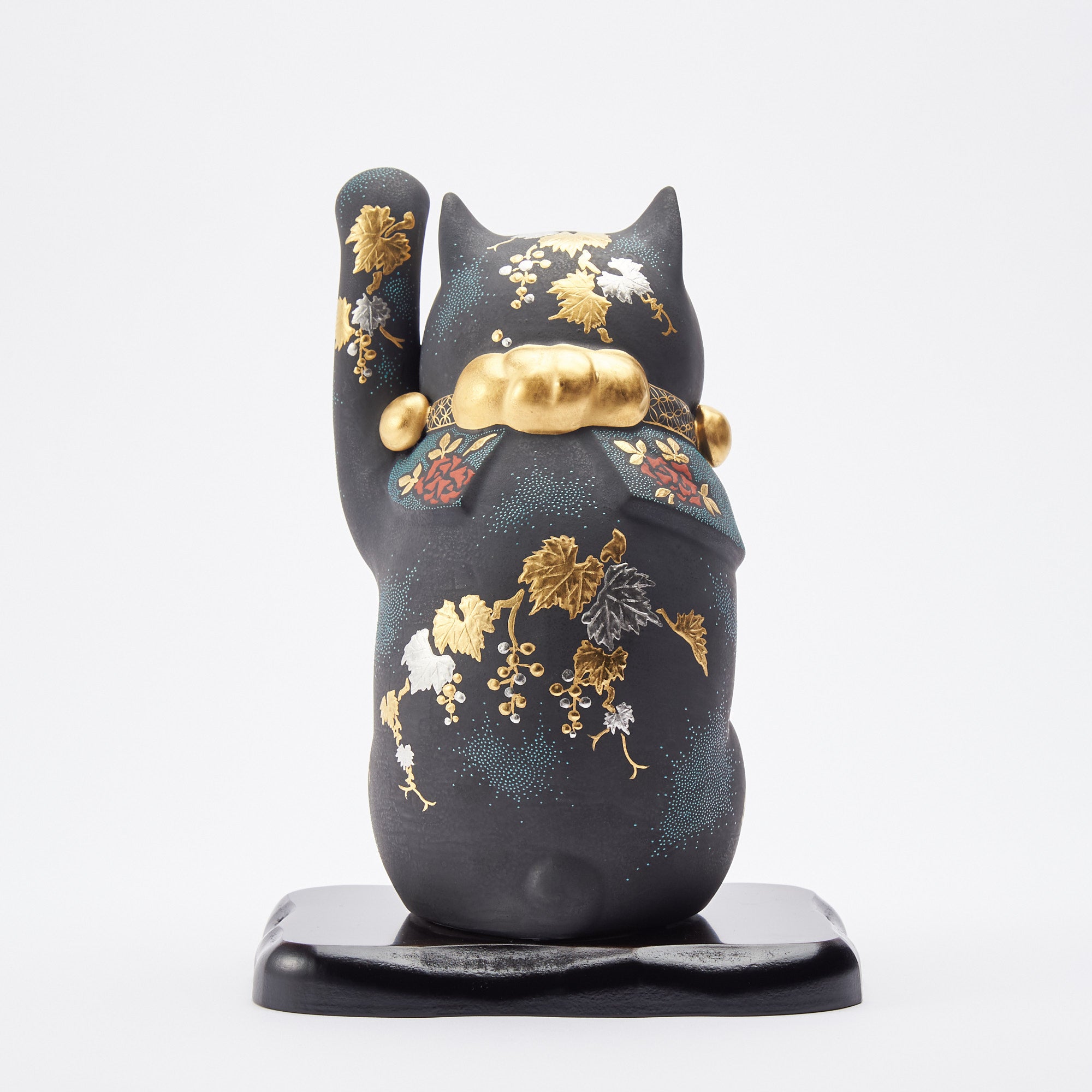 Black Morikin Aochibu Rose and Grape Pattern Lucky Cat