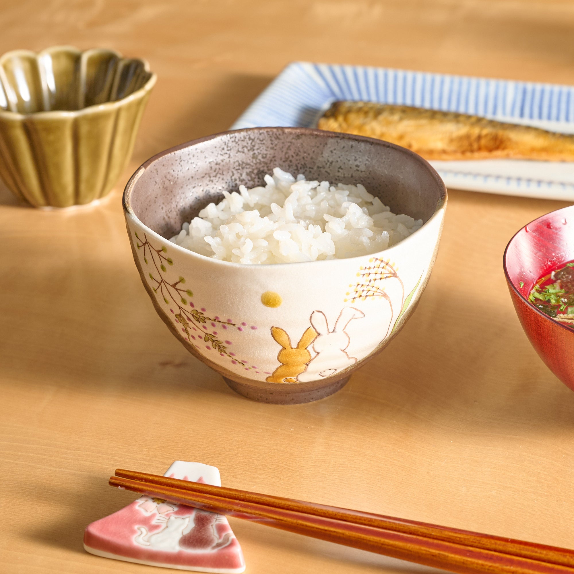 Rabbits in Sunny Spot Japanese Rice Bowl