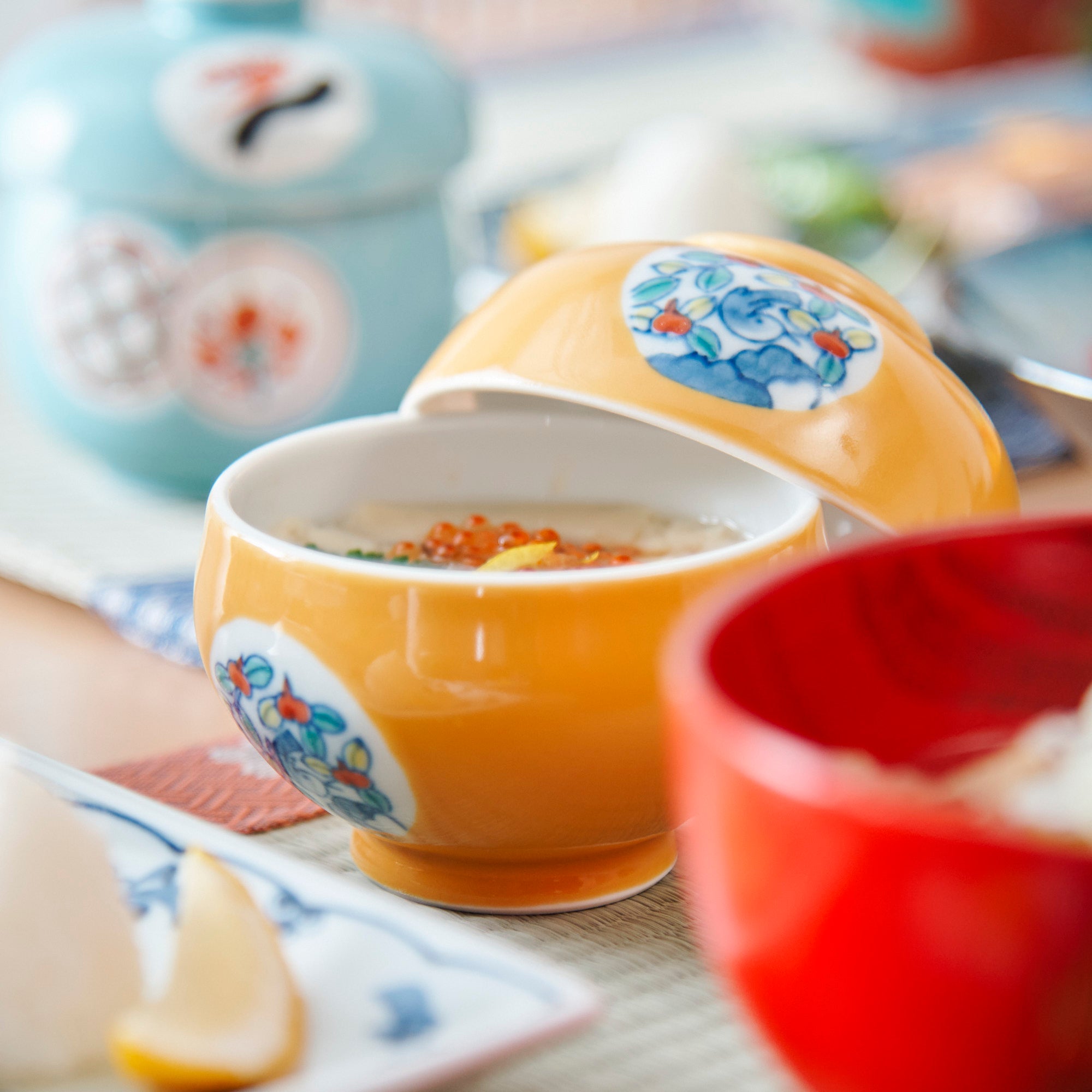 Yellow Glaze Bird and Flower Motif Chawanmushi Bowl